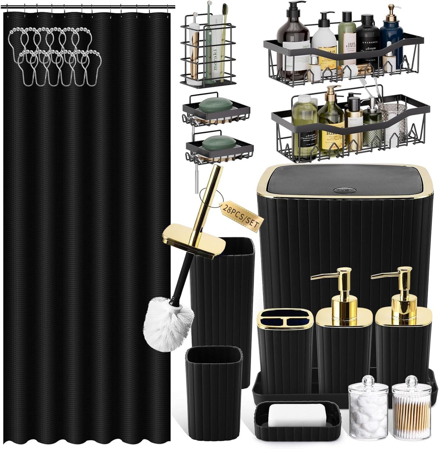 Bathroom Set with Shower Curtain and Rugs- 25PC Bathroom Accessory Set, Black Shower Curtain Set, Toilet Brush, Trash Can, Qtip Holder Dispenser & Soap Dispenser