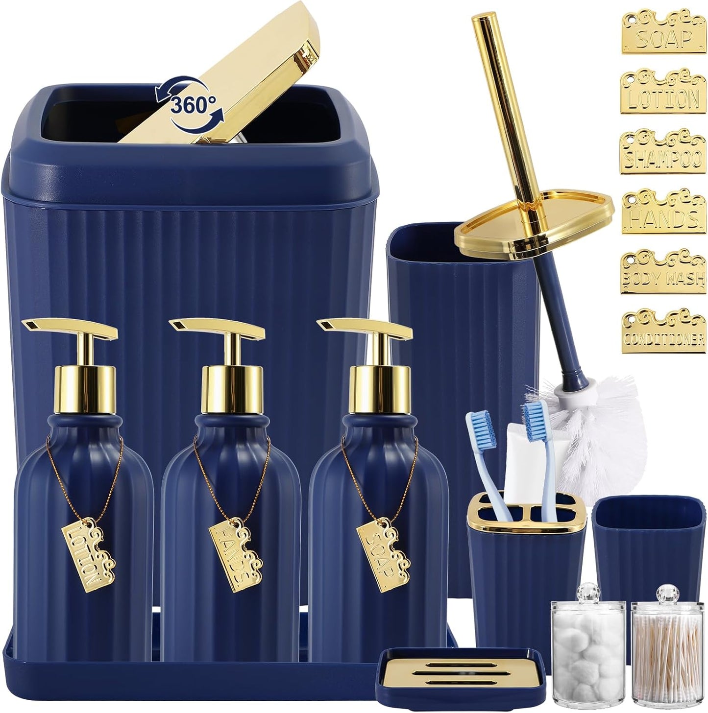 32PCS Bathroom Accessory Set Bathroom Accessories Set Navy Blue Bathroom Set, Shower Curtain Set, 2 Piece Bath Towel Set, 3PC Soap Dispenser, Toilet Brush & Trash Can