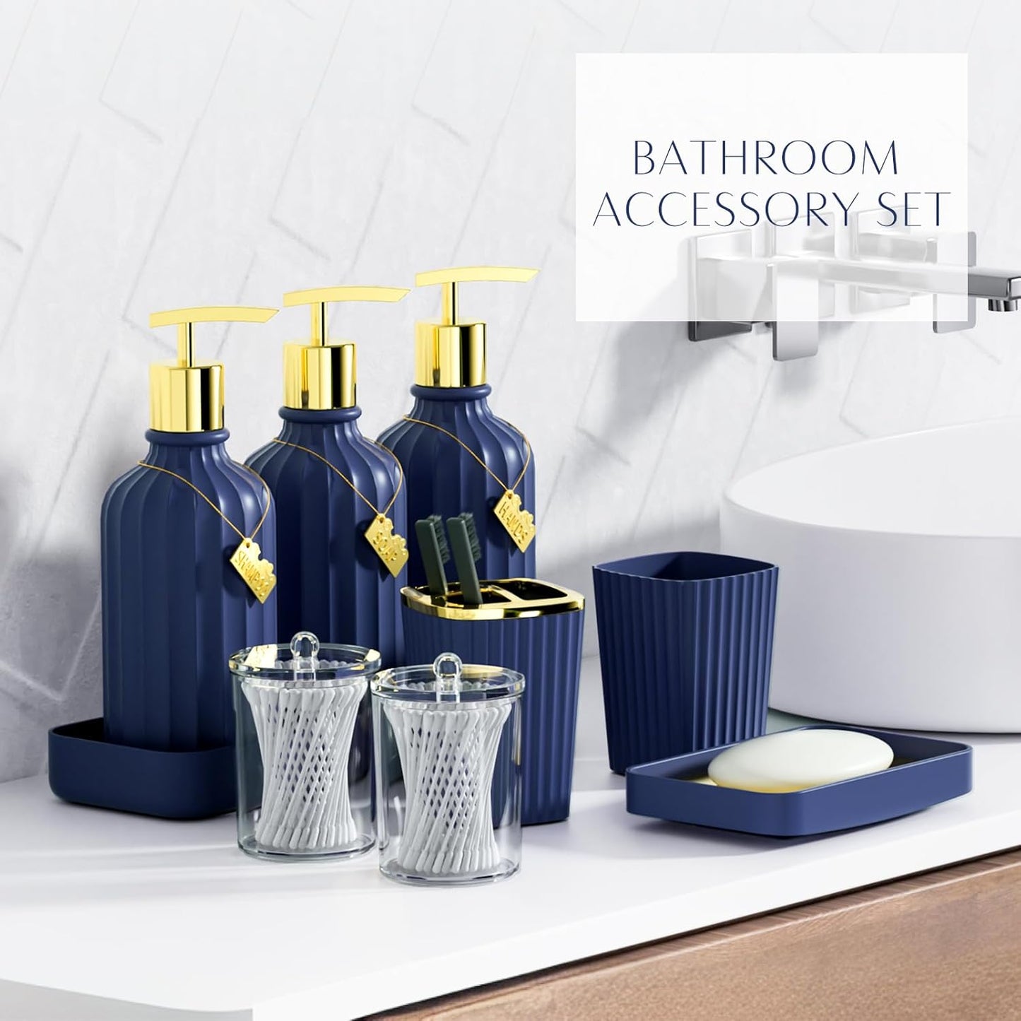 32PCS Bathroom Accessory Set Bathroom Accessories Set Navy Blue Bathroom Set, Shower Curtain Set, 2 Piece Bath Towel Set, 3PC Soap Dispenser, Toilet Brush & Trash Can