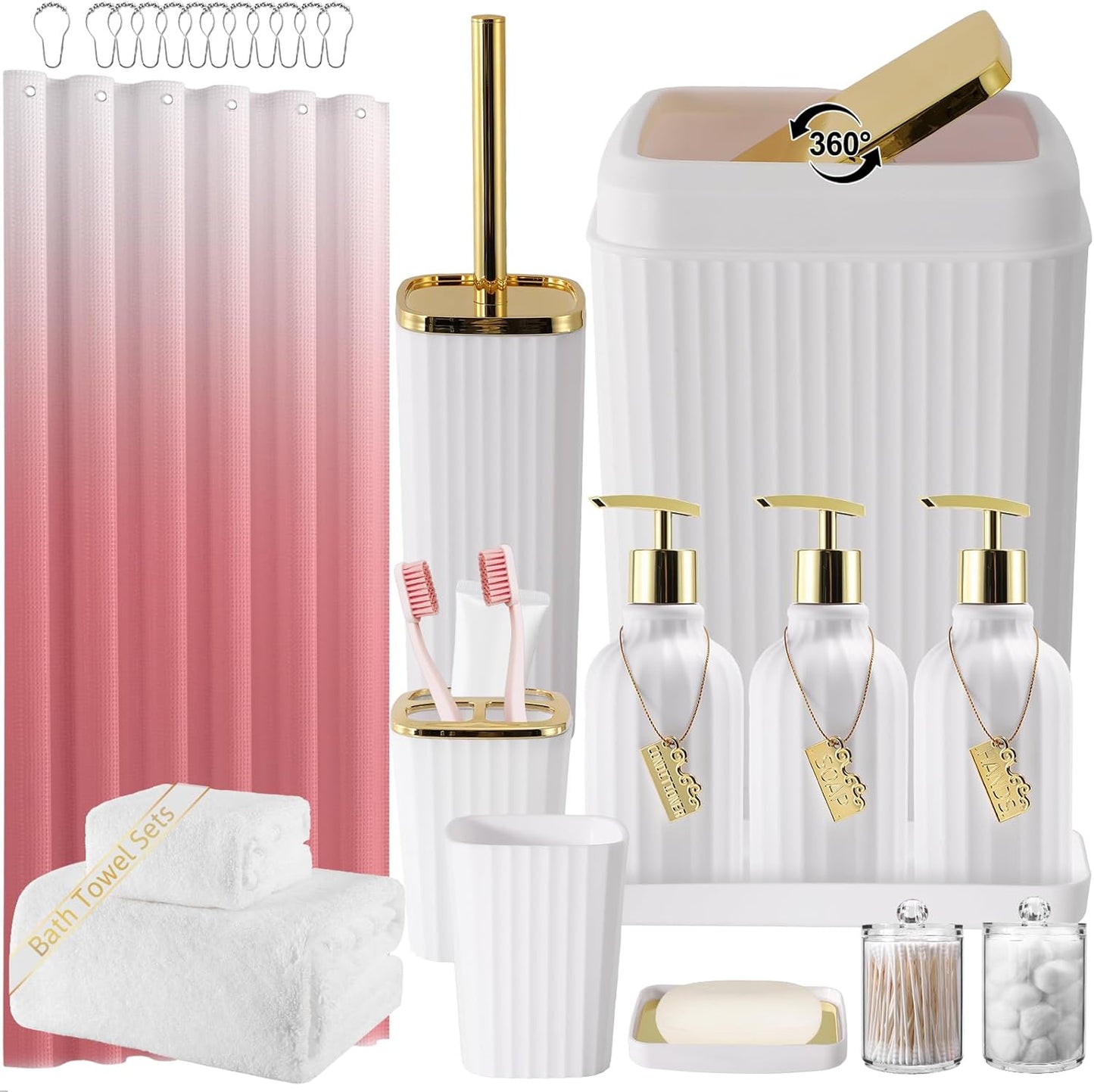 32PCS Bathroom Accessory Set Bathroom Accessories Set Navy Blue Bathroom Set, Shower Curtain Set, 2 Piece Bath Towel Set, 3PC Soap Dispenser, Toilet Brush & Trash Can