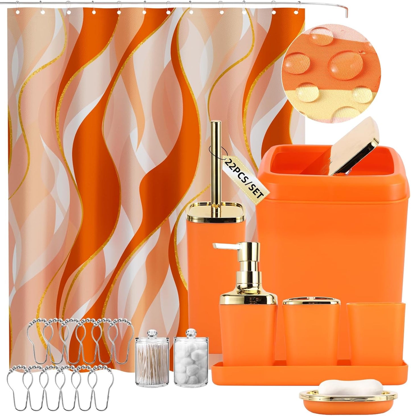 Bathroom Set - Orange Bathroom Accessories Set, Bathroom Sets with Shower Curtain and Rugs, Orange Shower Curtain Set with Bathroom Trash Can, Soap Dispenser, Soap Dish for Home Decor