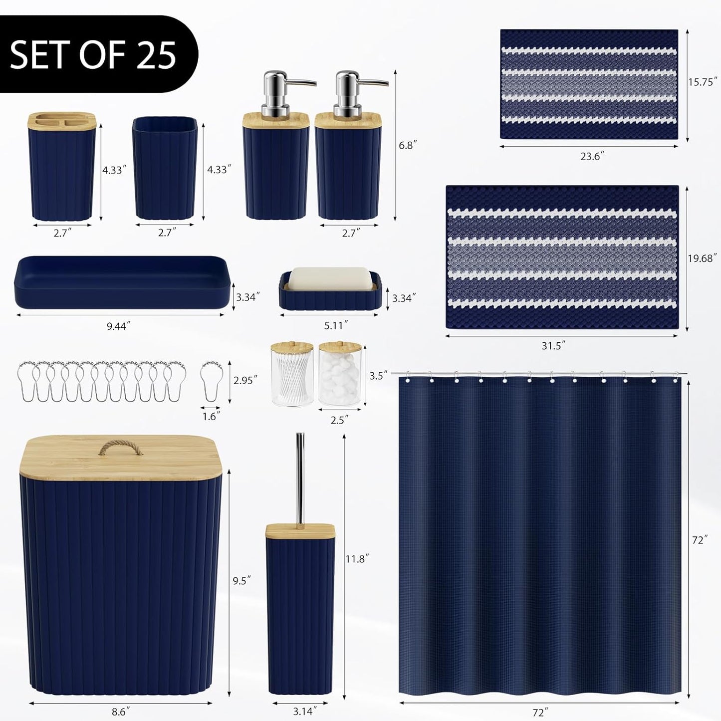 Bathroom Accessory Set - 25PC Bathroom Sets with Shower Curtain and Rugs, Navy Blue Bathroom Set, Bathroom Accessories Set, Shower Curtain Sets with Rugs, Bathroom Trash Can & Soap Dispenser