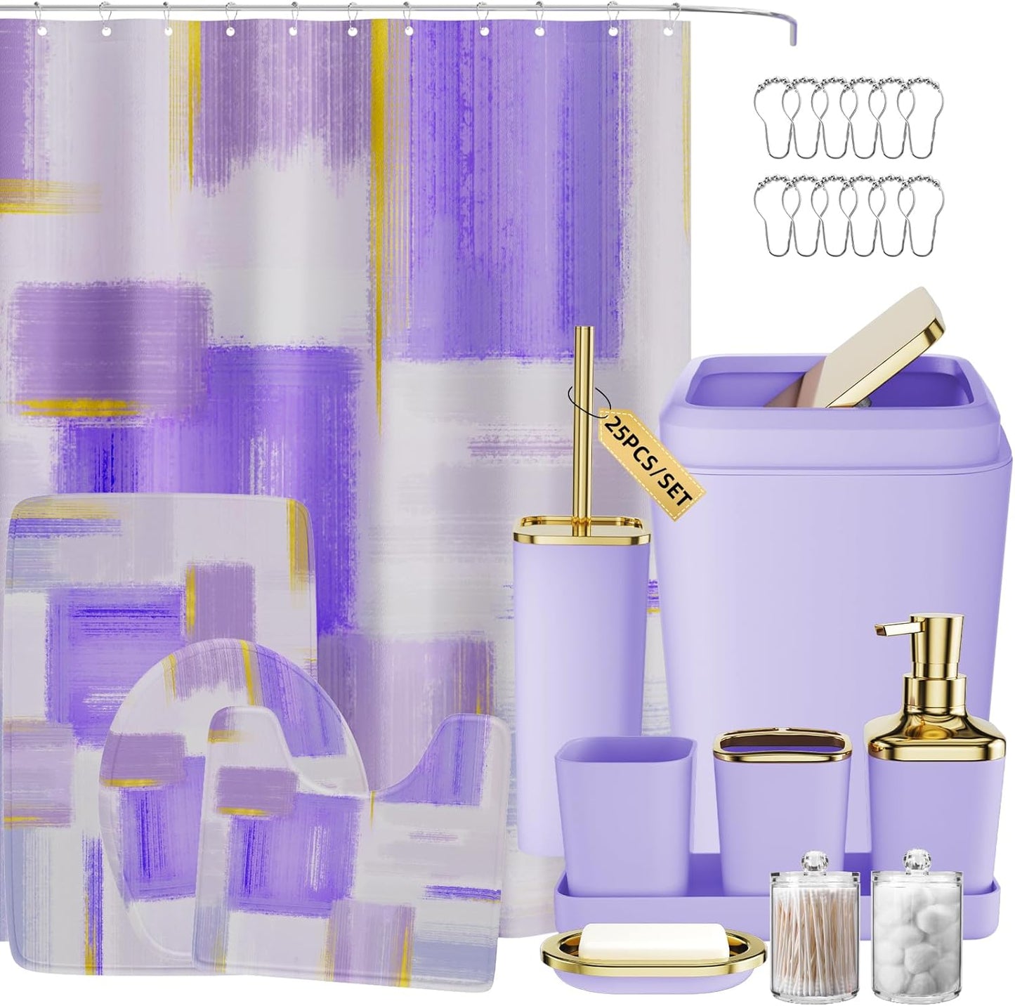 Bathroom Set - Orange Bathroom Accessories Set, Bathroom Sets with Shower Curtain and Rugs, Orange Shower Curtain Set with Bathroom Trash Can, Soap Dispenser, Soap Dish for Home Decor