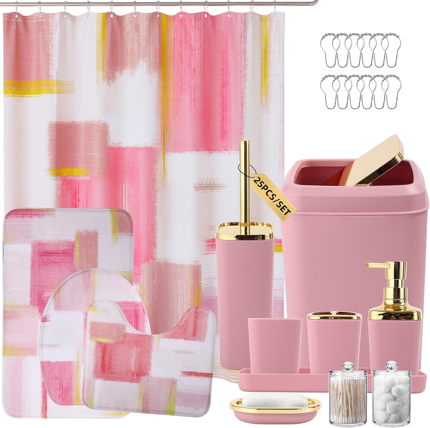 Bathroom Set - Orange Bathroom Accessories Set, Bathroom Sets with Shower Curtain and Rugs, Orange Shower Curtain Set with Bathroom Trash Can, Soap Dispenser, Soap Dish for Home Decor