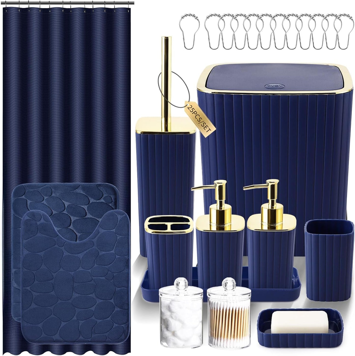Bathroom Set with Shower Curtain and Rugs- 25PC Bathroom Accessory Set, Black Shower Curtain Set, Toilet Brush, Trash Can, Qtip Holder Dispenser & Soap Dispenser