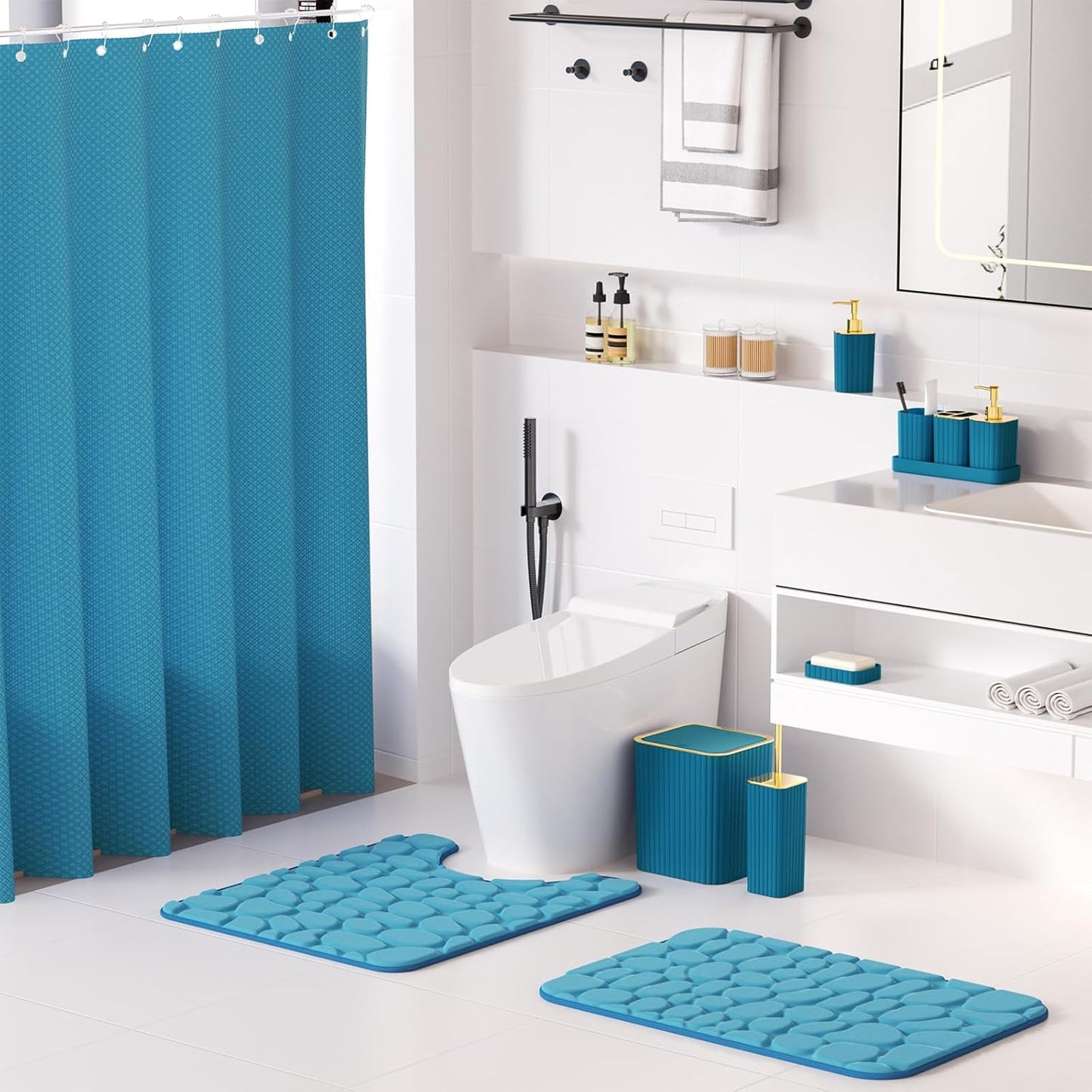 Bathroom Accessory Set - 25PC Teal Bathroom Set, Bathroom Set with Shower Curtain and Rugs, Bathroom Accessories Set, Shower Curtain Set, Trash Can & Soap Dispenser