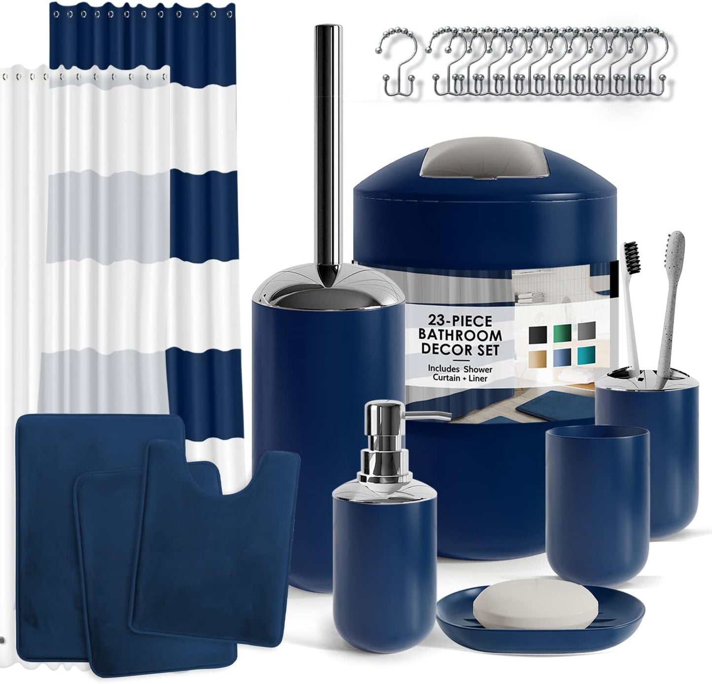 Clara Clark Bathroom Accessories Set - 28PC Bathroom Set with Adhesive Corner Shower Caddy Hanging, Bathroom Sets with Shower Curtain and Rugs, Black Shower Curtain Set with Bathroom Trash Can
