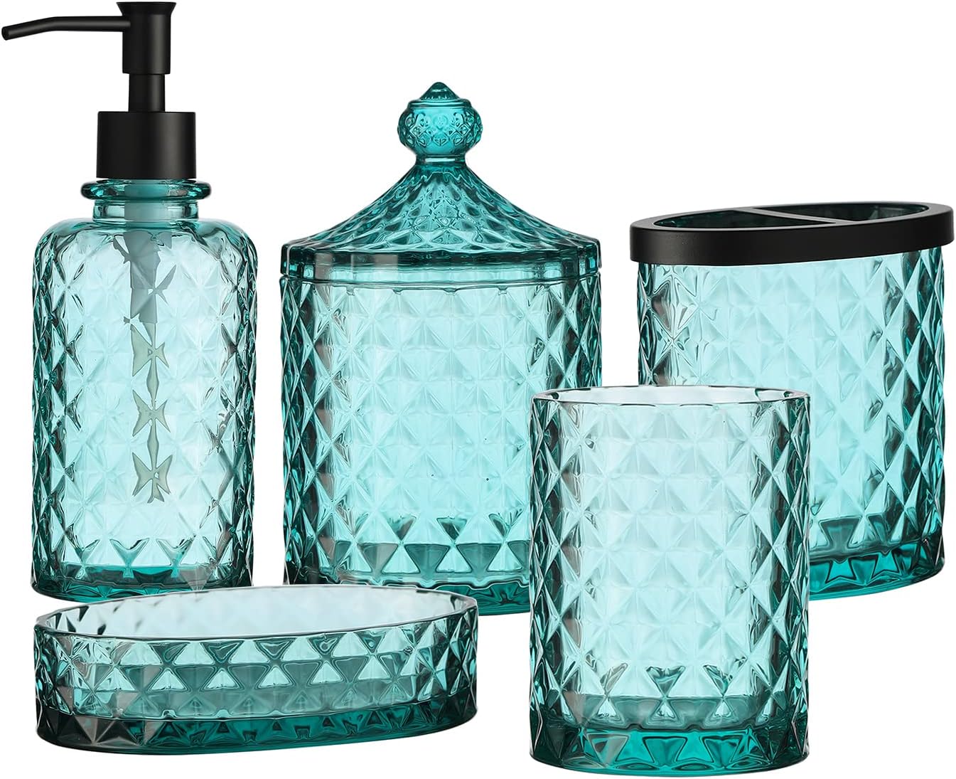 Set of 5 Glass Bathroom Accessories Set Include Soap Dispenser & Tumbler & Soap Dish & Toothbrush Holder & Apothecary Jar(Luxurious Crystal Sparkling Colored)