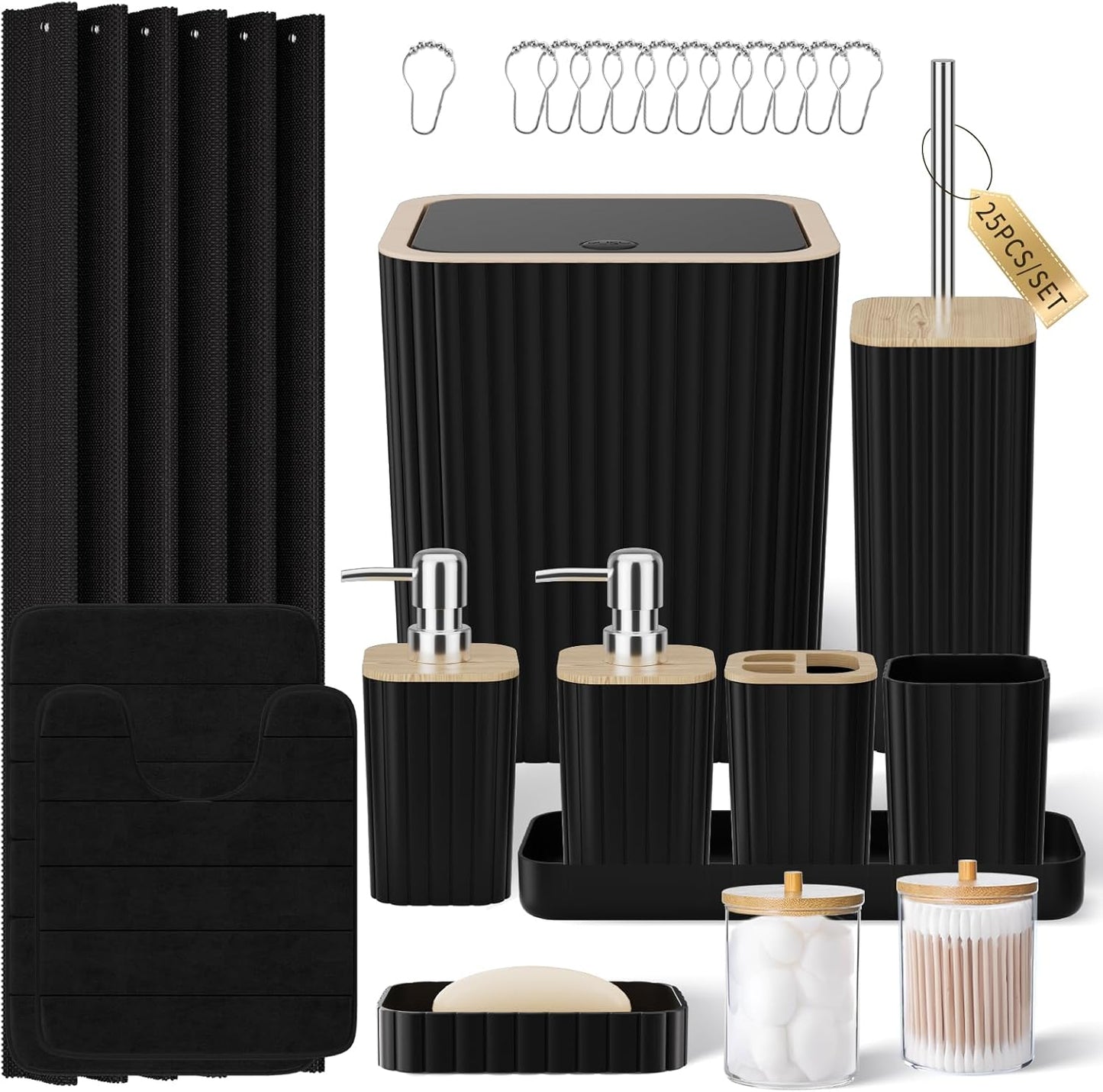Bathroom Set with Shower Curtain and Rugs- 25PC Bathroom Accessory Set, Black Shower Curtain Set, Toilet Brush, Trash Can, Qtip Holder Dispenser & Soap Dispenser