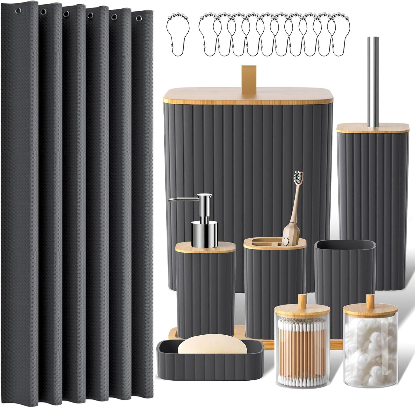 Bathroom Accessories Set - 22PCS Black Bathroom Set with Shower Curtain, Trash Can, Toilet Brush Holder Set & Soap Dispenser – Stylish & Functional Bath Decor for Home, Apartment