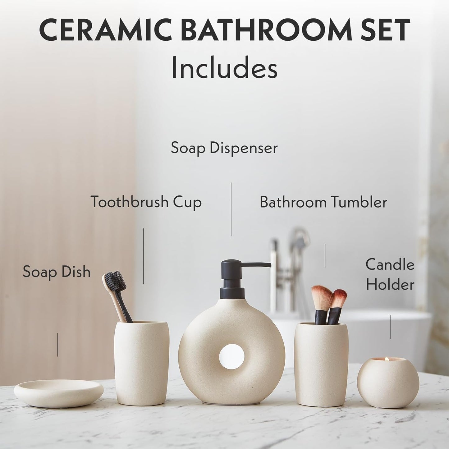 Ceramic Bathroom Accessory Set, 5 Pcs - Includes Soap Dispenser, Toothbrush Cup, Toothbrush Holder, Soap Dish & Candle Holder - Beige, Matte Glaze - Aesthetic Bathroom Decor