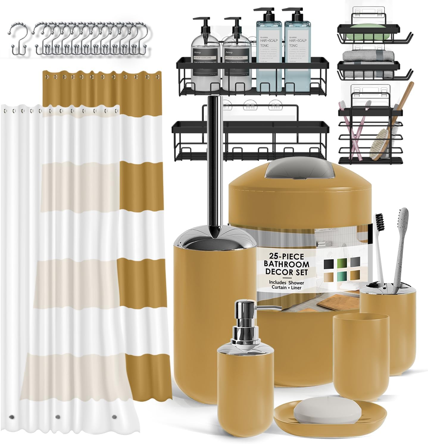Clara Clark Bathroom Accessories Set - 28PC Bathroom Set with Adhesive Corner Shower Caddy Hanging, Bathroom Sets with Shower Curtain and Rugs, Black Shower Curtain Set with Bathroom Trash Can