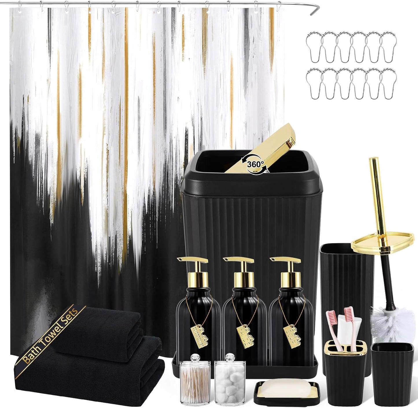32PCS Bathroom Accessory Set Bathroom Accessories Set Navy Blue Bathroom Set, Shower Curtain Set, 2 Piece Bath Towel Set, 3PC Soap Dispenser, Toilet Brush & Trash Can