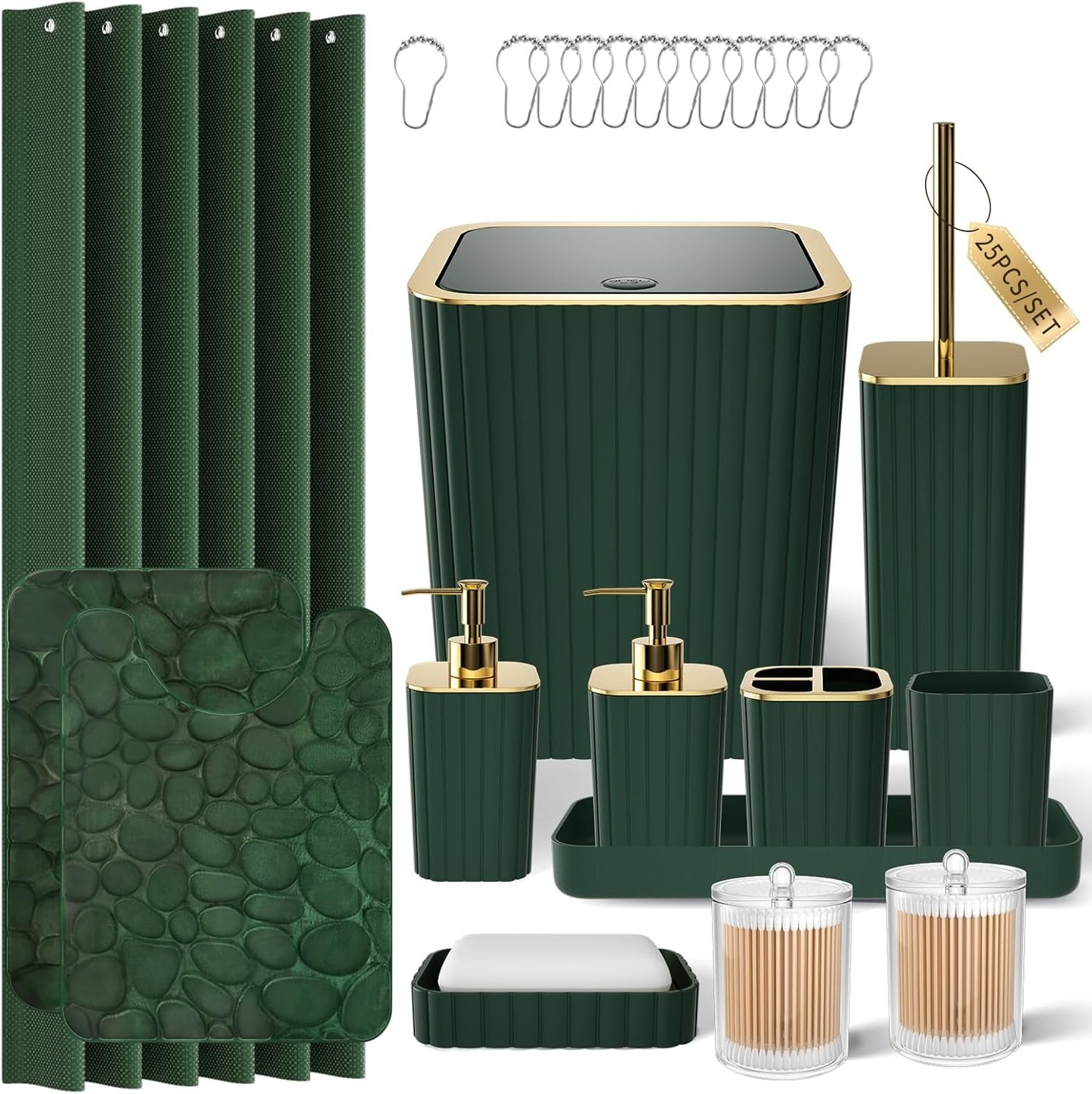 Bathroom Set with Shower Curtain and Rugs- 25PC Bathroom Accessory Set, Black Shower Curtain Set, Toilet Brush, Trash Can, Qtip Holder Dispenser & Soap Dispenser