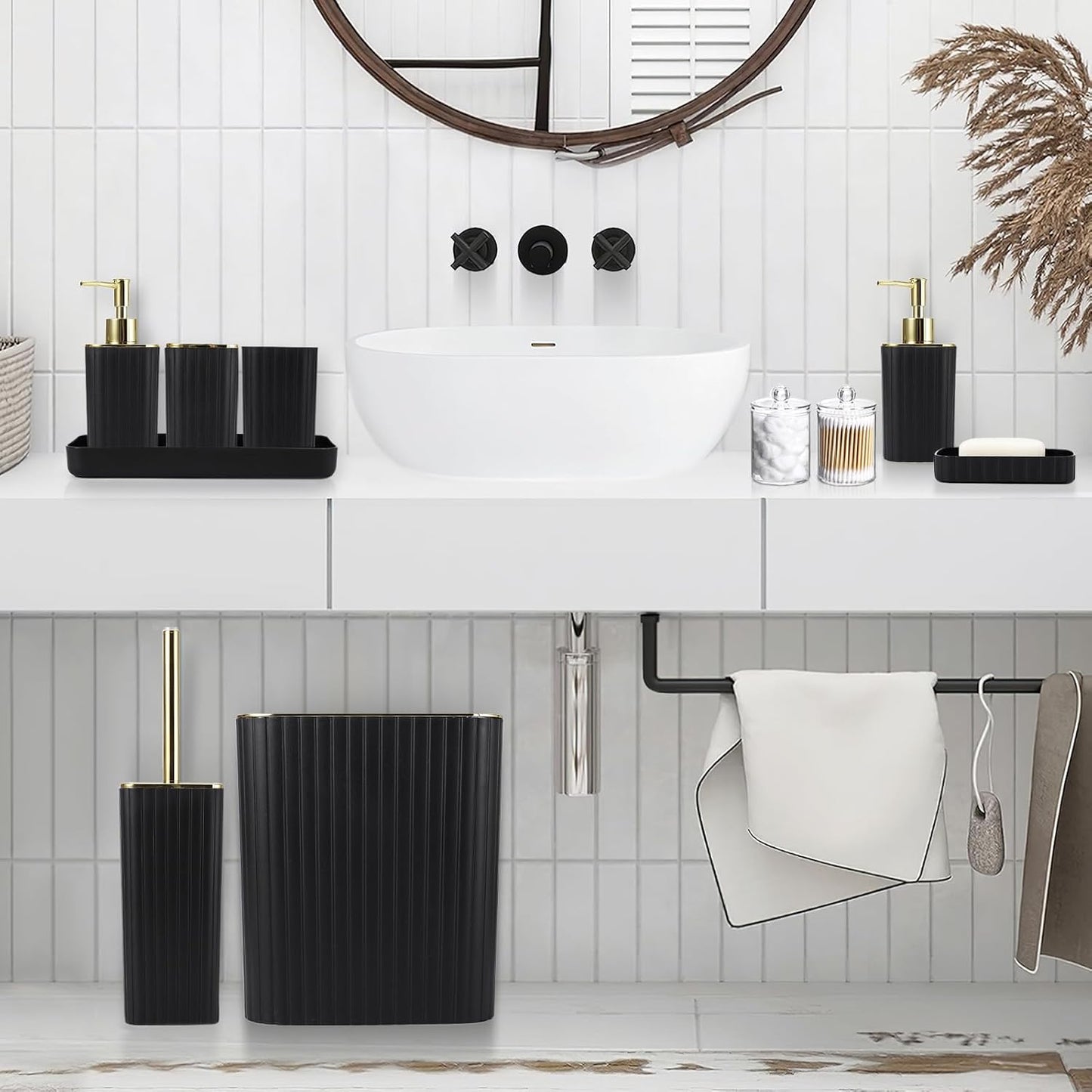 Bathroom Set with Shower Curtain and Rugs- 25PC Bathroom Accessory Set, Black Shower Curtain Set, Toilet Brush, Trash Can, Qtip Holder Dispenser & Soap Dispenser