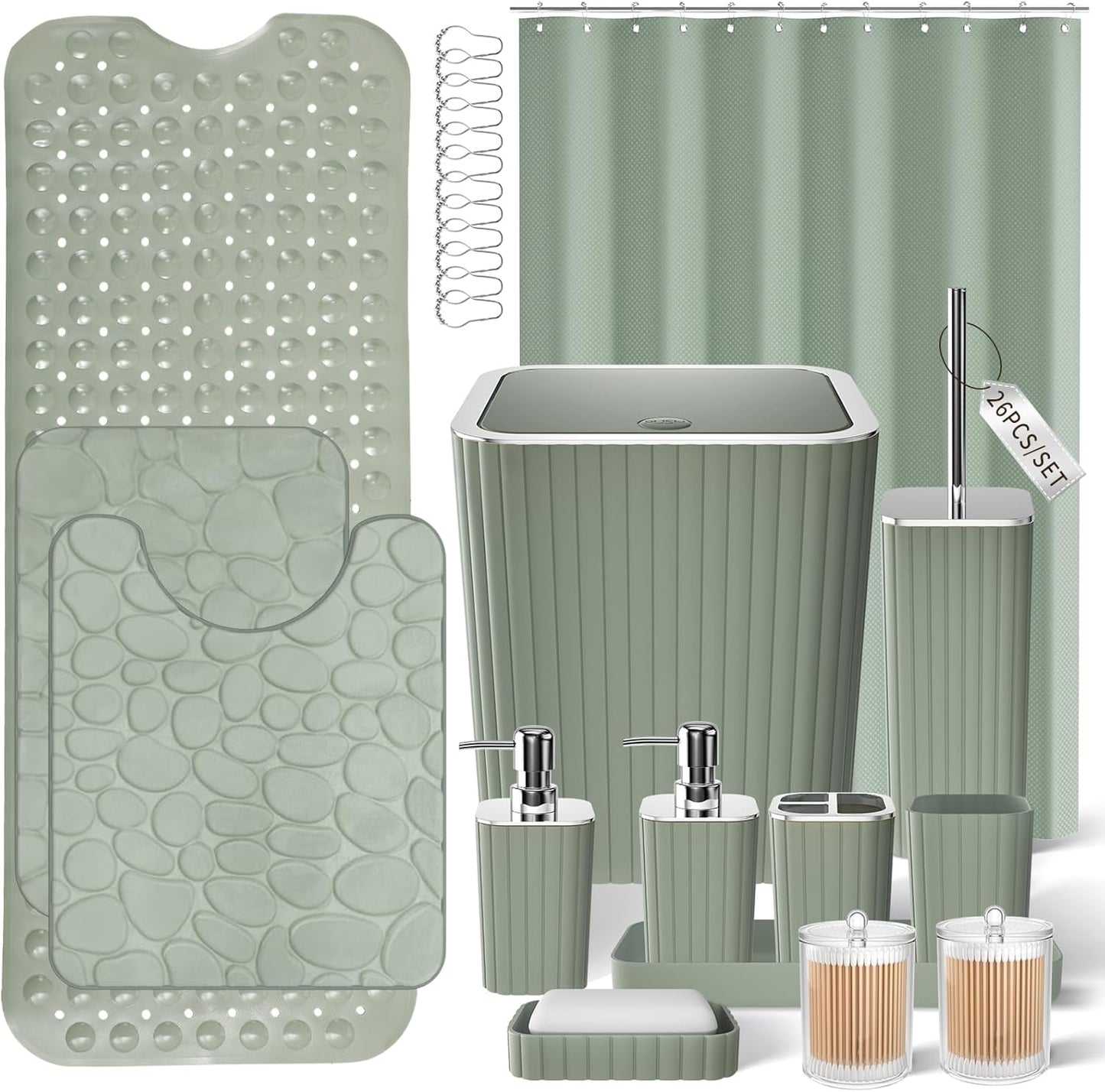 Bathroom Set with Shower Curtain and Rugs- 25PC Bathroom Accessory Set, Black Shower Curtain Set, Toilet Brush, Trash Can, Qtip Holder Dispenser & Soap Dispenser