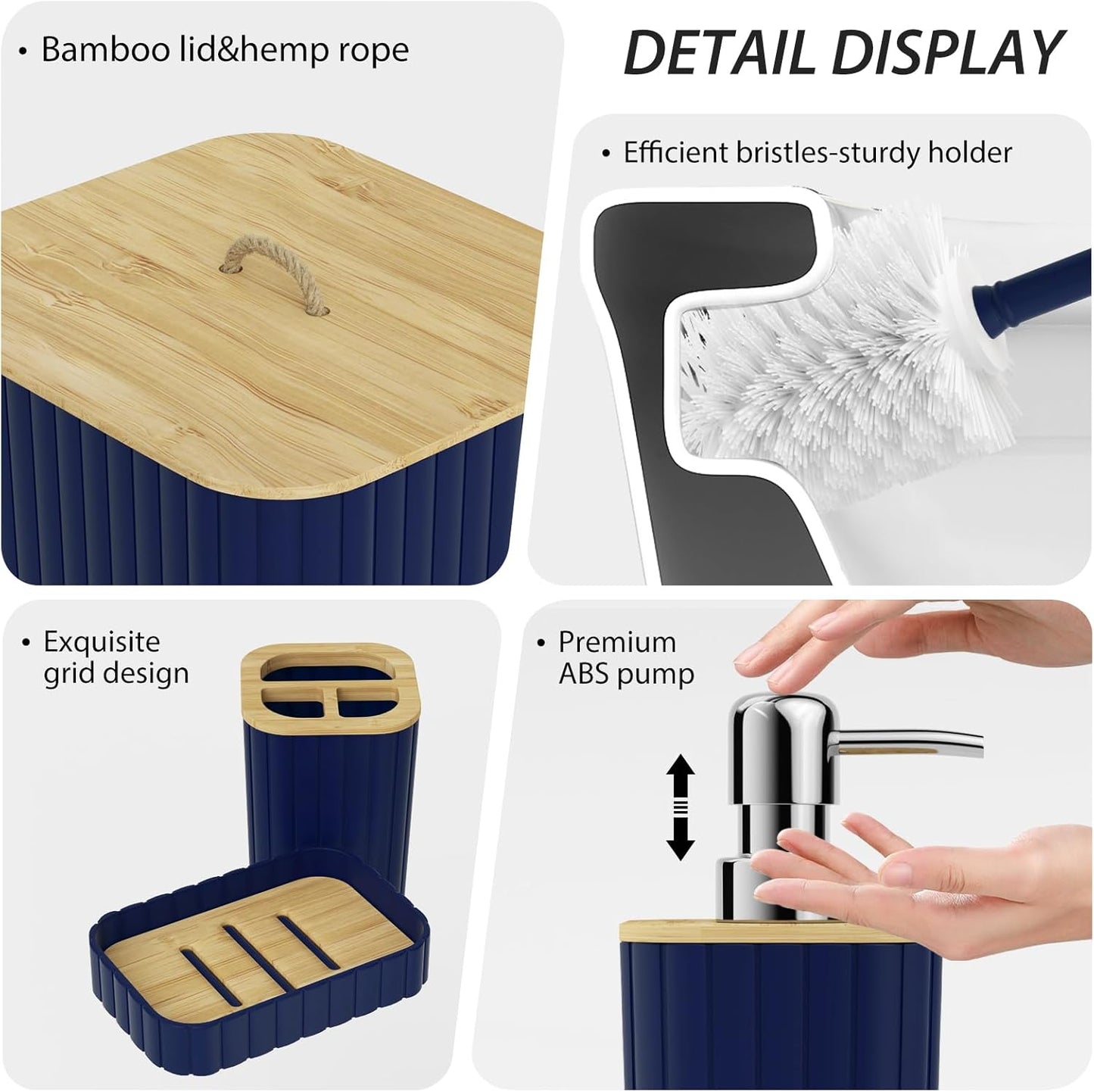 Bathroom Accessory Set - 25PC Bathroom Sets with Shower Curtain and Rugs, Navy Blue Bathroom Set, Bathroom Accessories Set, Shower Curtain Sets with Rugs, Bathroom Trash Can & Soap Dispenser