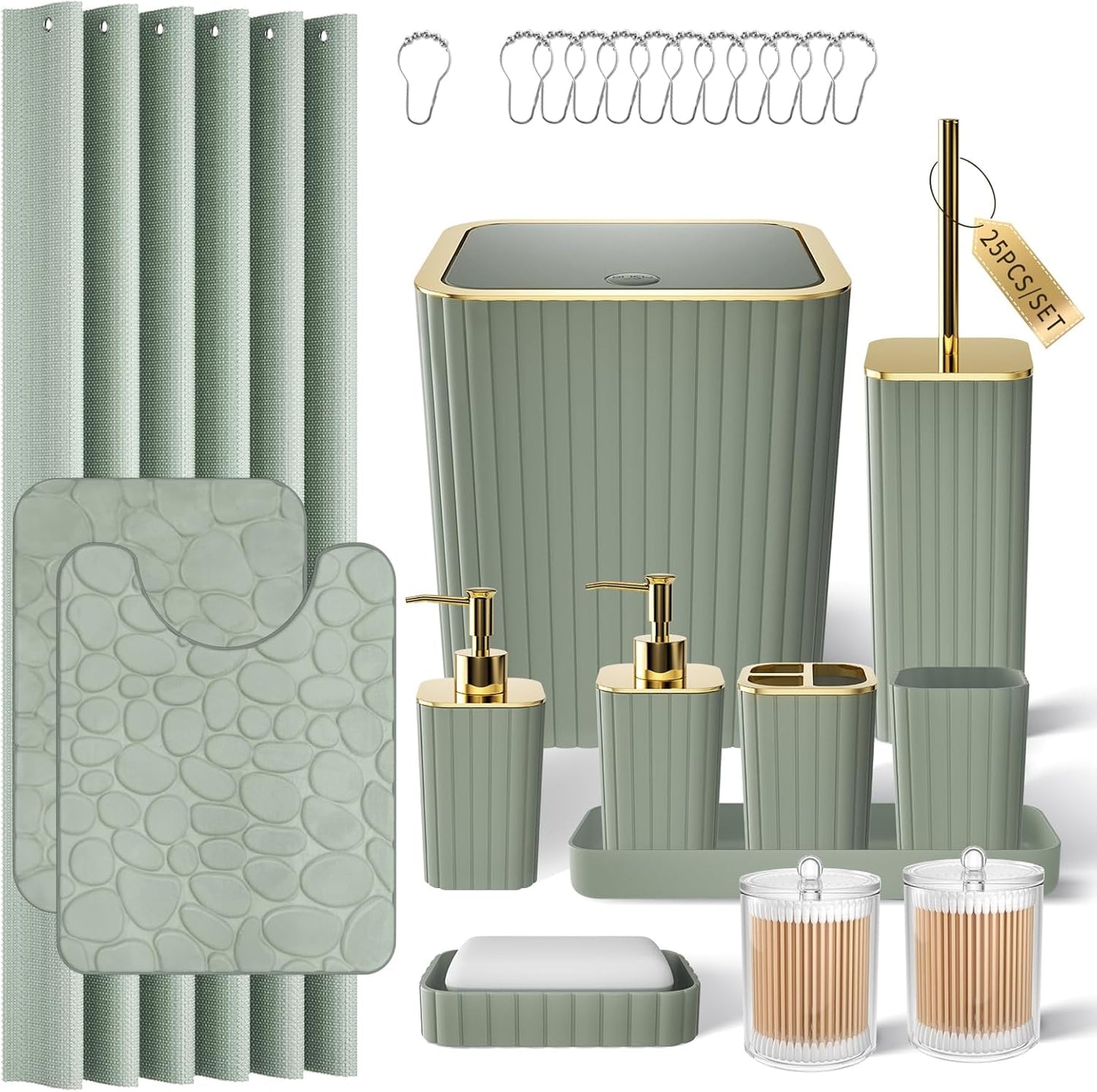 Bathroom Set with Shower Curtain and Rugs- 25PC Bathroom Accessory Set, Black Shower Curtain Set, Toilet Brush, Trash Can, Qtip Holder Dispenser & Soap Dispenser