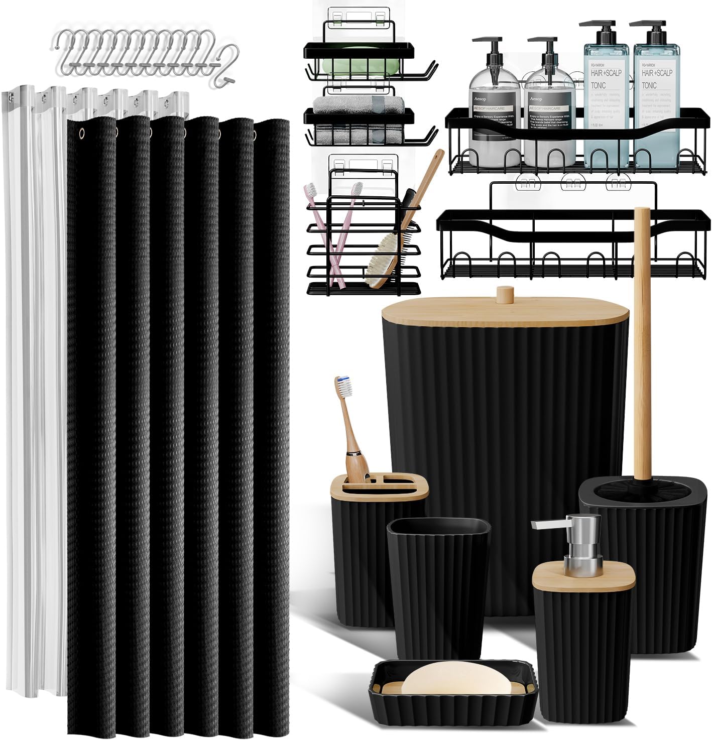 Bathroom Accessories Set with Shower Caddy and Bath Rugs 27PC Bathroom Accessory Set with Shower Caddies Green Bath Rugs, Shower Curtain Set, Toilet Brush, Trash Can, Soap Dispenser, Toothbrush holder