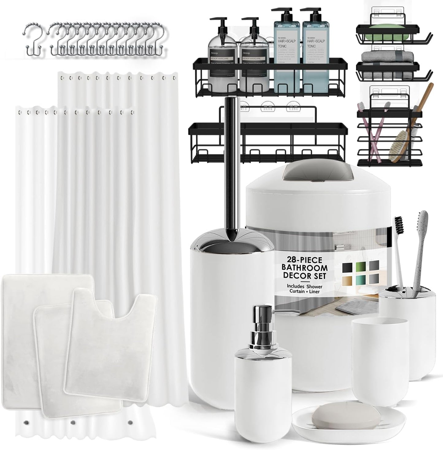 Clara Clark Bathroom Accessories Set - 28PC Bathroom Set with Adhesive Corner Shower Caddy Hanging, Bathroom Sets with Shower Curtain and Rugs, Black Shower Curtain Set with Bathroom Trash Can