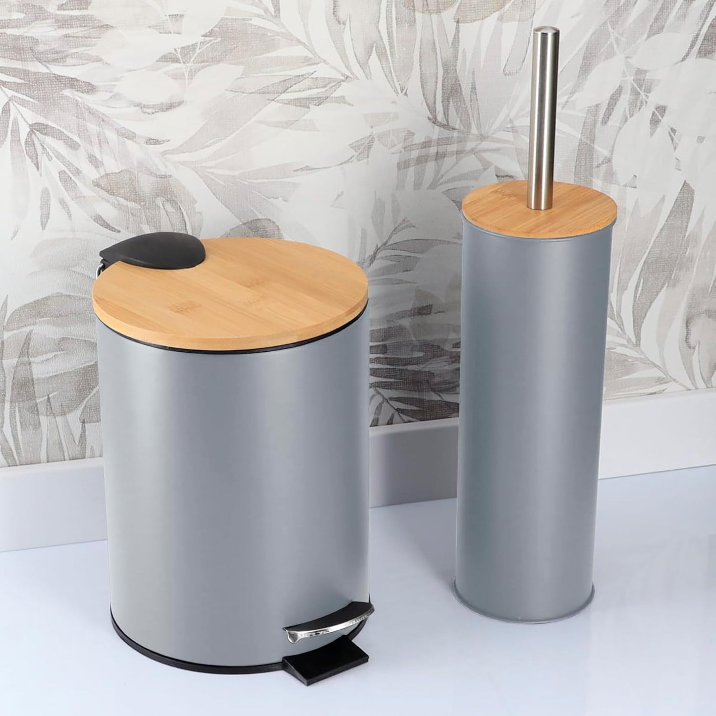 Terracotta Bathroom Set with Bamboo Lid - Matte Metal Trash Can and Toilet Brush, 2.5L Bin with Foot Pedal, Quick-Dry Brush Holder - Compact Set for Small Spaces