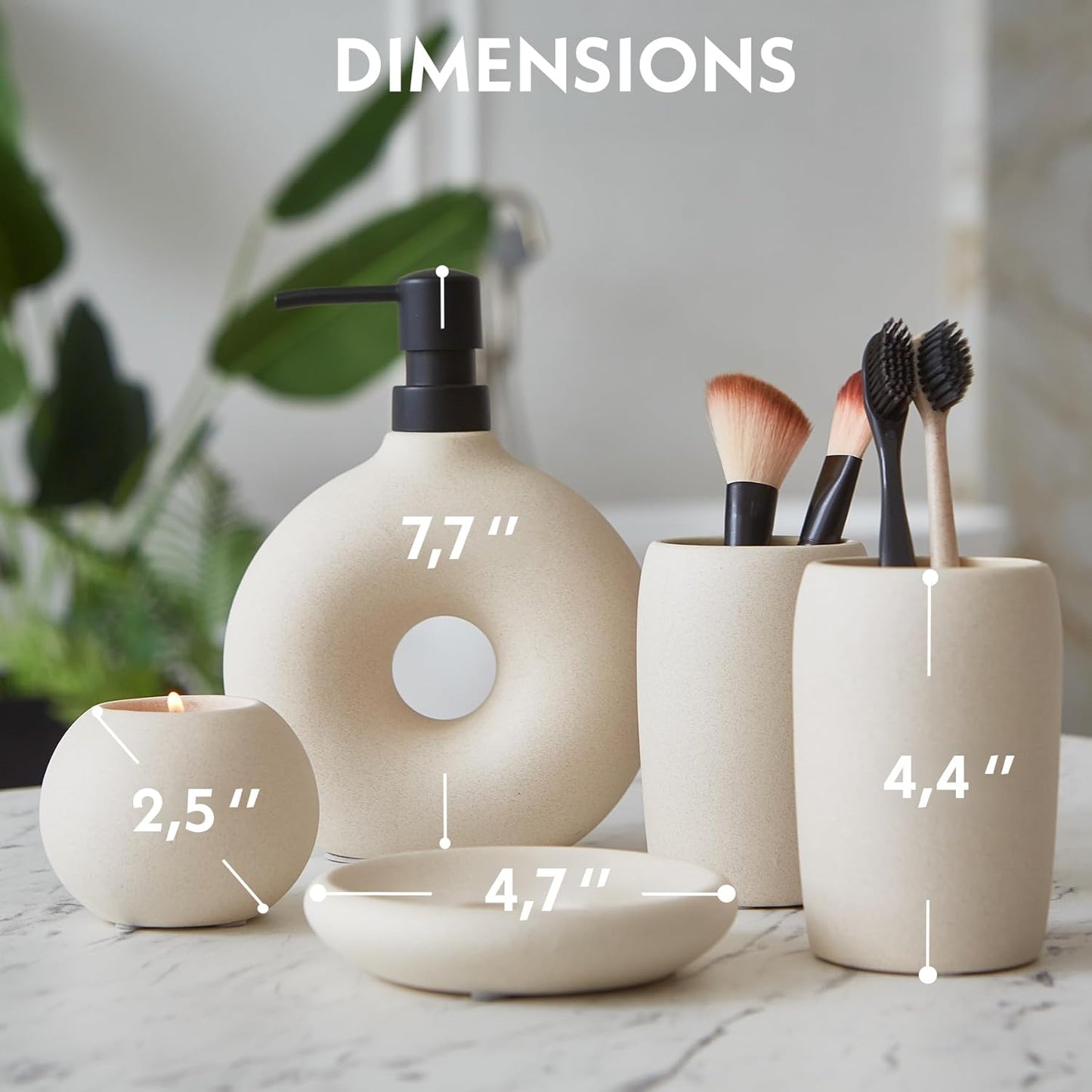 Ceramic Bathroom Accessory Set, 5 Pcs - Includes Soap Dispenser, Toothbrush Cup, Toothbrush Holder, Soap Dish & Candle Holder - Beige, Matte Glaze - Aesthetic Bathroom Decor