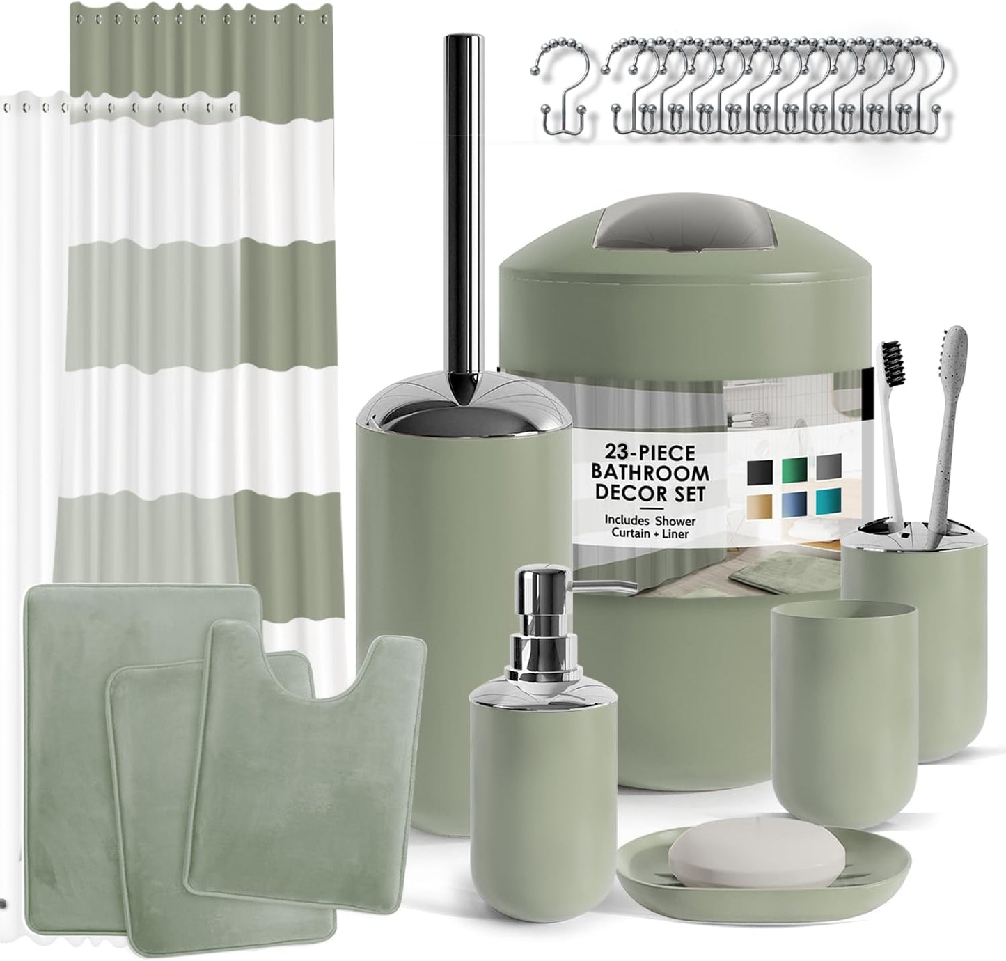 Clara Clark Bathroom Accessories Set - 28PC Bathroom Set with Adhesive Corner Shower Caddy Hanging, Bathroom Sets with Shower Curtain and Rugs, Black Shower Curtain Set with Bathroom Trash Can