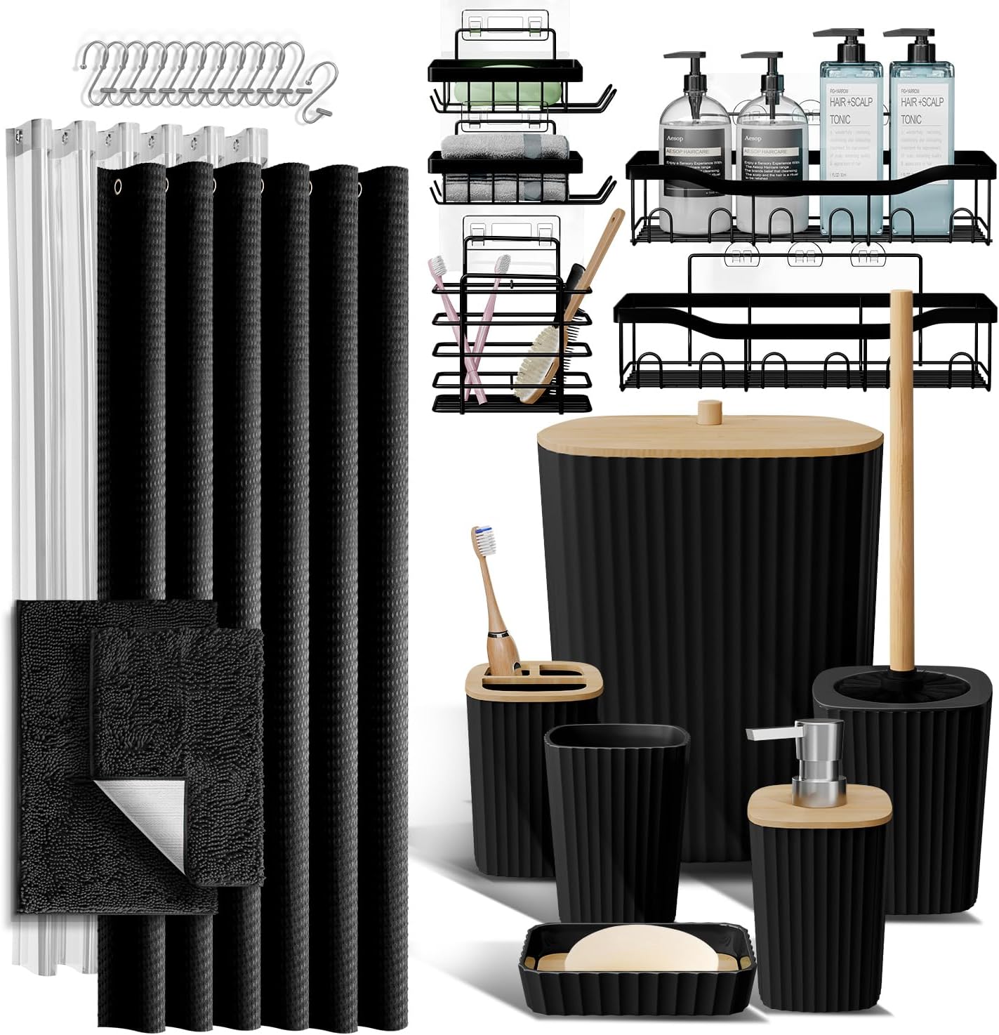 Bathroom Accessories Set with Shower Caddy and Bath Rugs 27PC Bathroom Accessory Set with Shower Caddies Green Bath Rugs, Shower Curtain Set, Toilet Brush, Trash Can, Soap Dispenser, Toothbrush holder