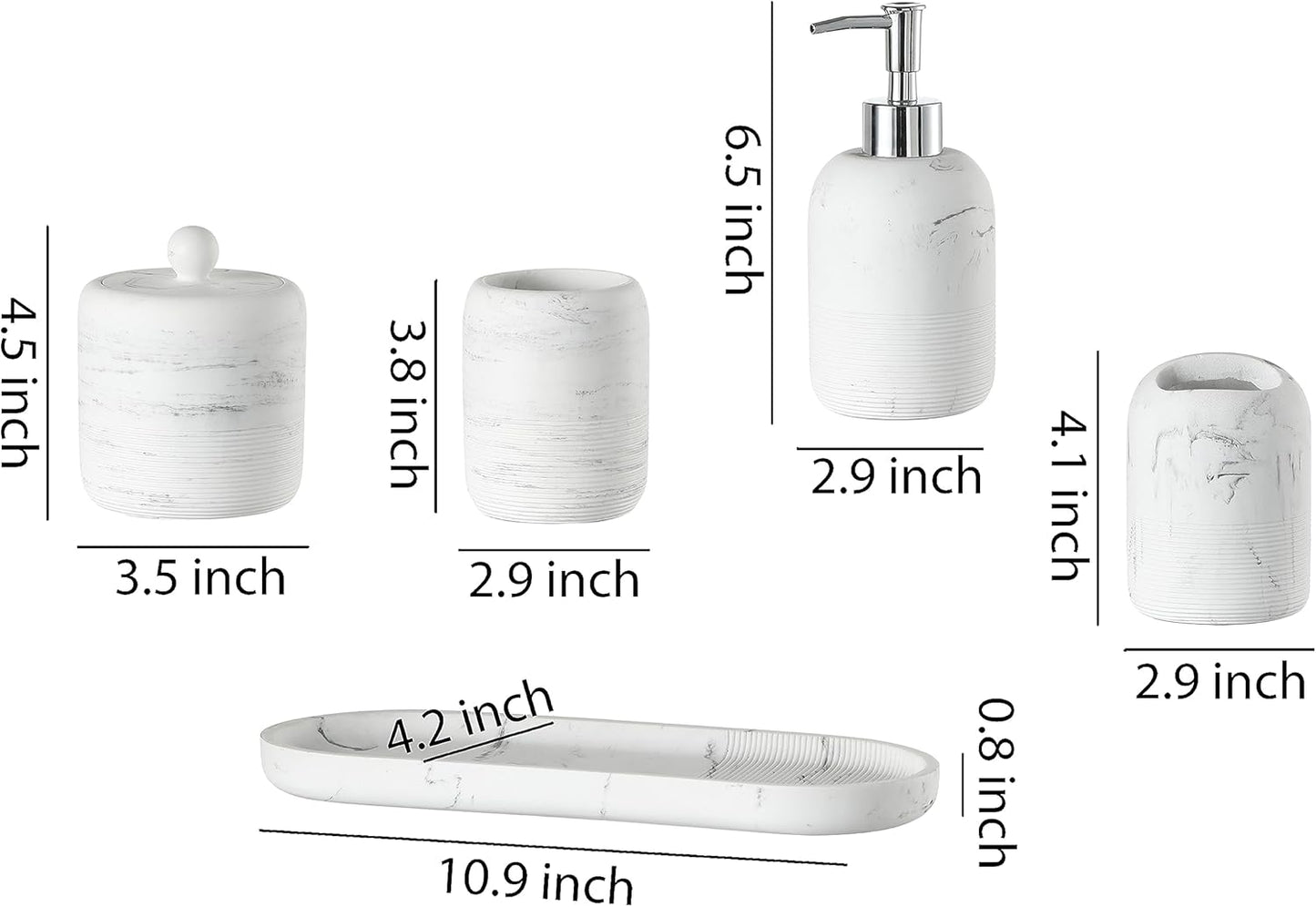 Bathroom Accessories Set, 5-Piece Resin Bath Accessory Complete Set with Lotion Dispenser/Soap Pump, Cotton Jar, Tray, Tumbler and Toothbrush Holder (Marble Look)