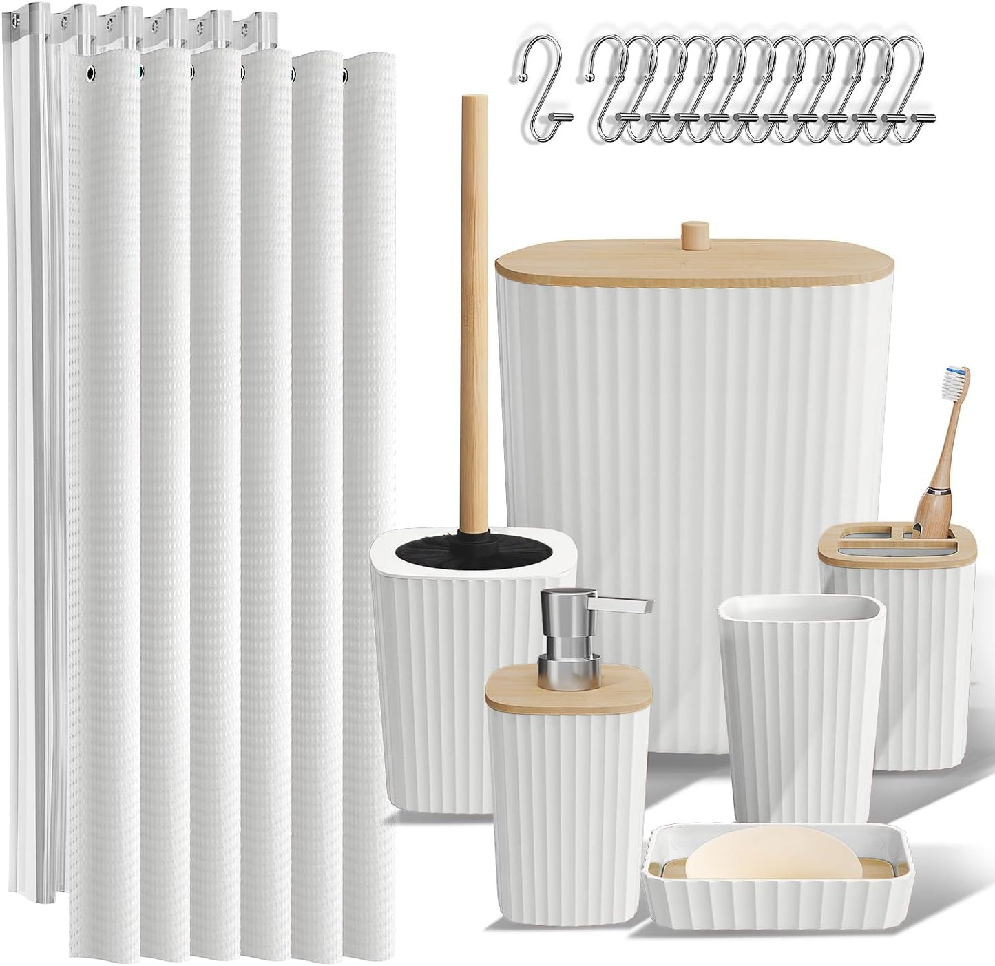 Clara Clark Bathroom Accessories Set - Grey Bathroom Set, Bathroom Sets with Shower Curtain and Rugs, 22PC Shower Curtain Set with Bathroom Trash Can