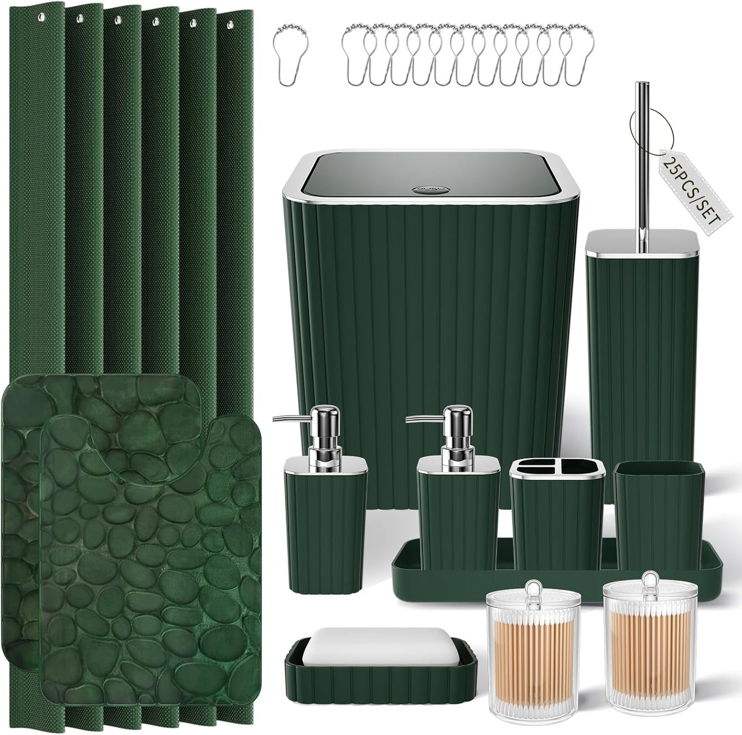 Bathroom Set with Shower Curtain and Rugs- 25PC Bathroom Accessory Set, Black Shower Curtain Set, Toilet Brush, Trash Can, Qtip Holder Dispenser & Soap Dispenser