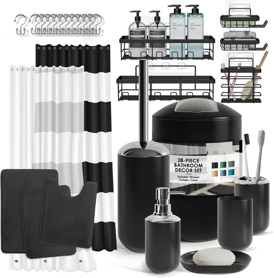 Clara Clark Bathroom Accessories Set - 28PC Bathroom Set with Adhesive Corner Shower Caddy Hanging, Bathroom Sets with Shower Curtain and Rugs, Black Shower Curtain Set with Bathroom Trash Can