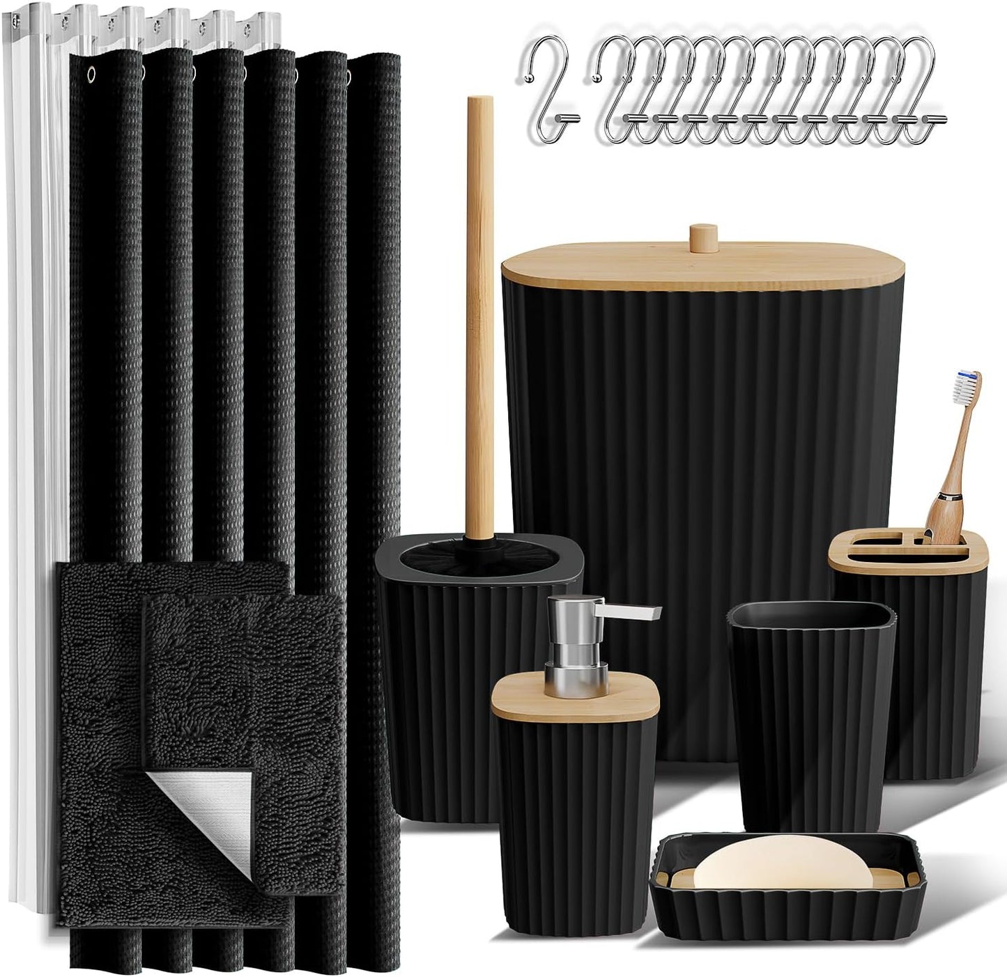 Clara Clark Bathroom Accessories Set - Grey Bathroom Set, Bathroom Sets with Shower Curtain and Rugs, 22PC Shower Curtain Set with Bathroom Trash Can