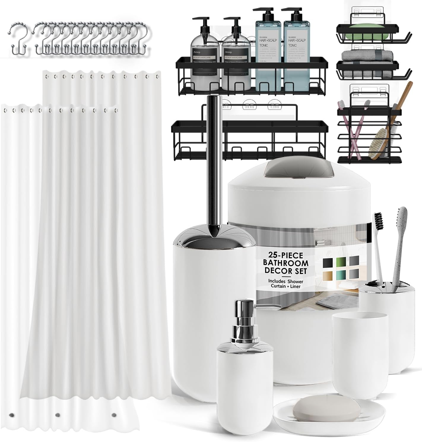 Clara Clark Bathroom Accessories Set - 28PC Bathroom Set with Adhesive Corner Shower Caddy Hanging, Bathroom Sets with Shower Curtain and Rugs, Black Shower Curtain Set with Bathroom Trash Can