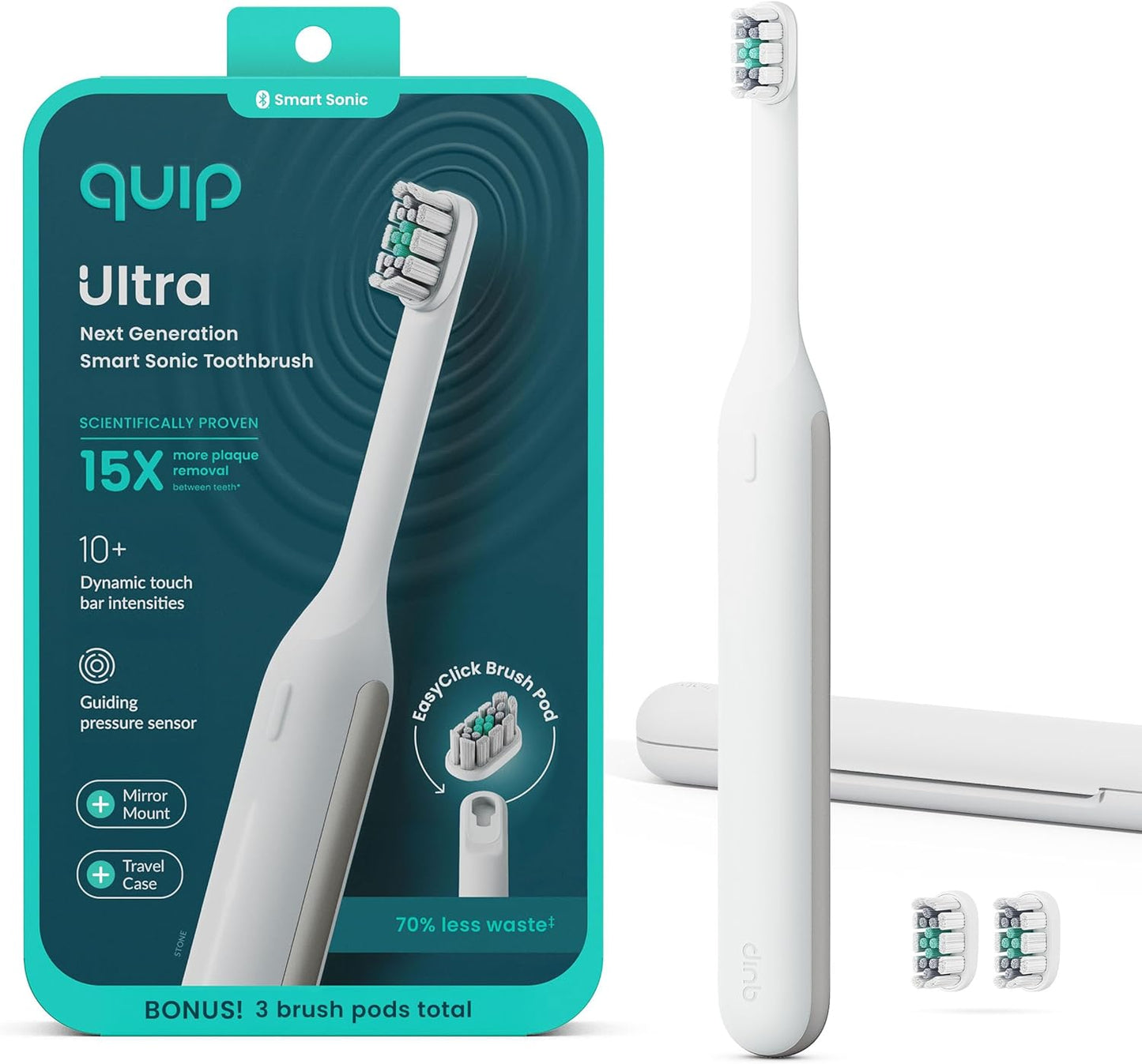 Quip Ultra Next Generation Smart Sonic Toothbrush - Timed Electric Toothbrush for Adults - Replaceable Brush Head, Soft Bristles, Silicone Handle, 30-Day Battery Life, Travel Case - Moss Green
