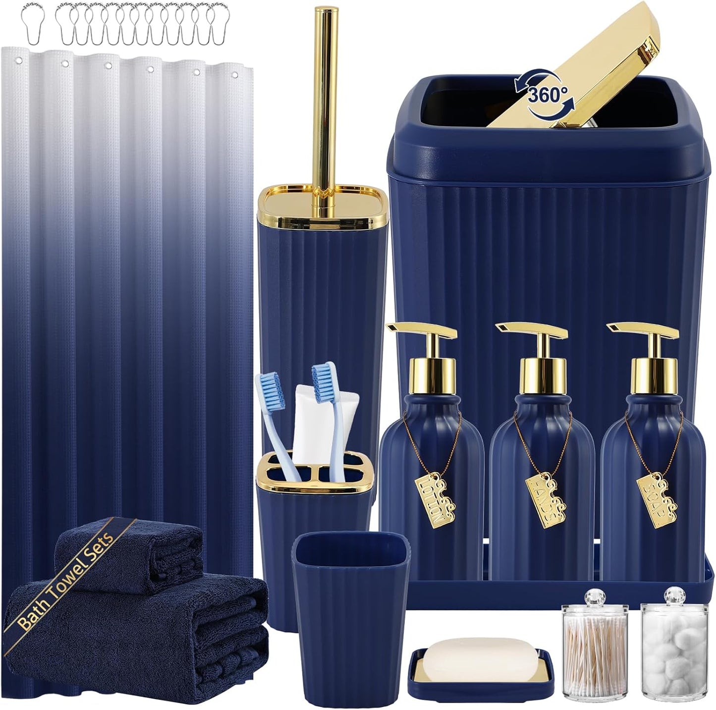 32PCS Bathroom Accessory Set Bathroom Accessories Set Navy Blue Bathroom Set, Shower Curtain Set, 2 Piece Bath Towel Set, 3PC Soap Dispenser, Toilet Brush & Trash Can
