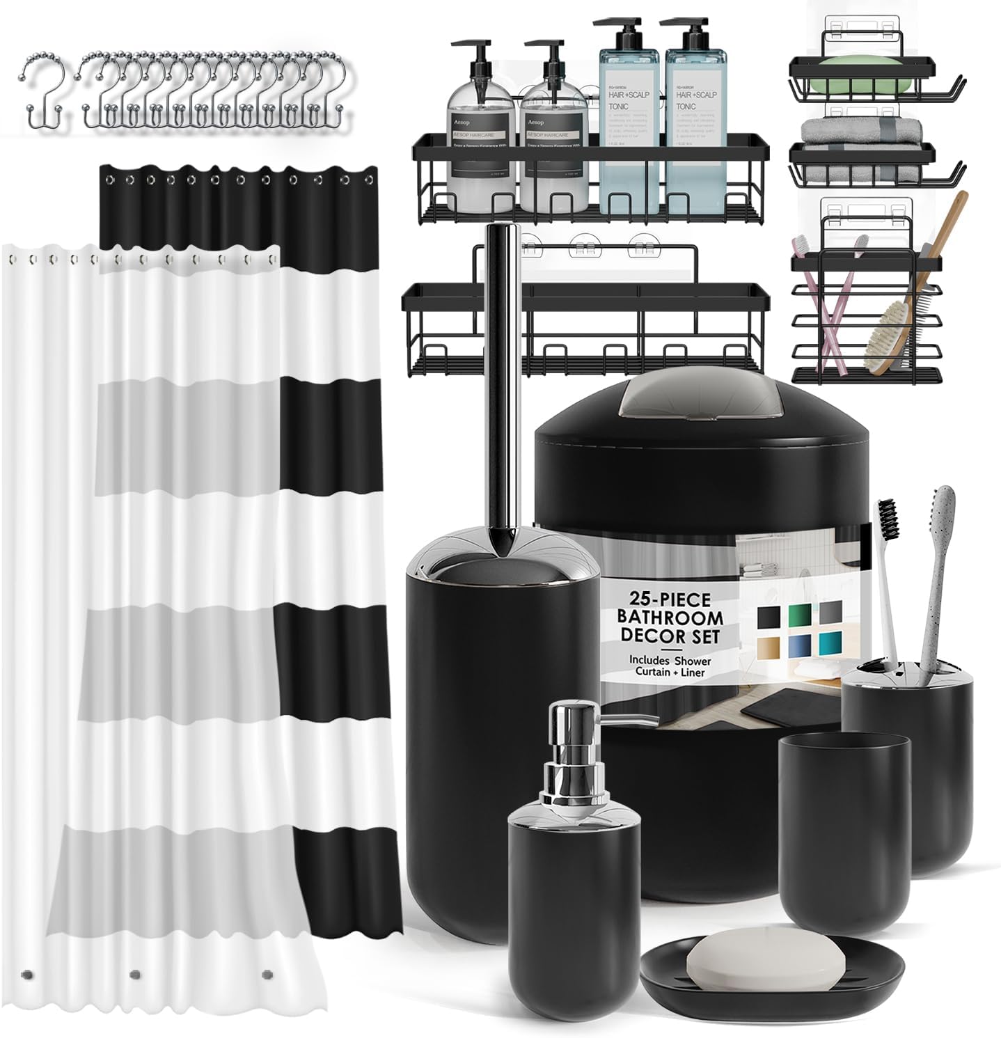 Clara Clark Bathroom Accessories Set - 28PC Bathroom Set with Adhesive Corner Shower Caddy Hanging, Bathroom Sets with Shower Curtain and Rugs, Black Shower Curtain Set with Bathroom Trash Can