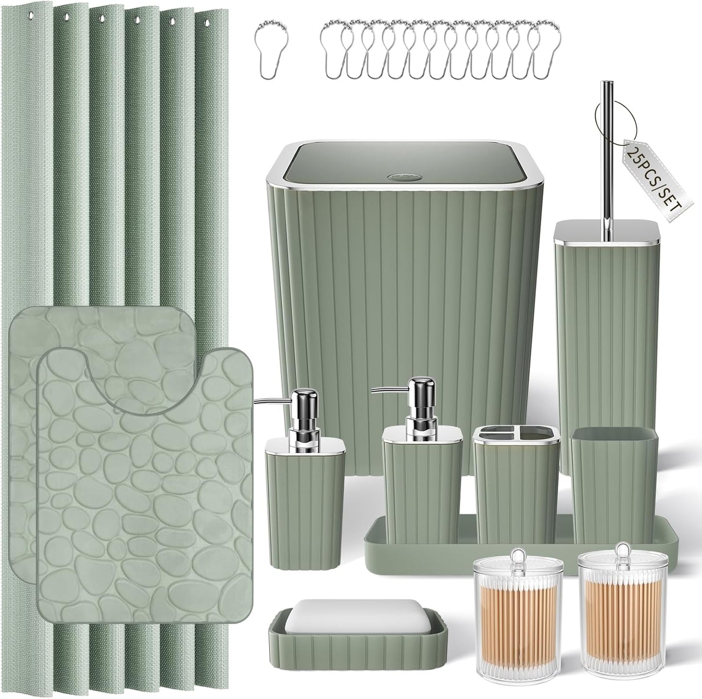 Bathroom Set with Shower Curtain and Rugs- 25PC Bathroom Accessory Set, Black Shower Curtain Set, Toilet Brush, Trash Can, Qtip Holder Dispenser & Soap Dispenser