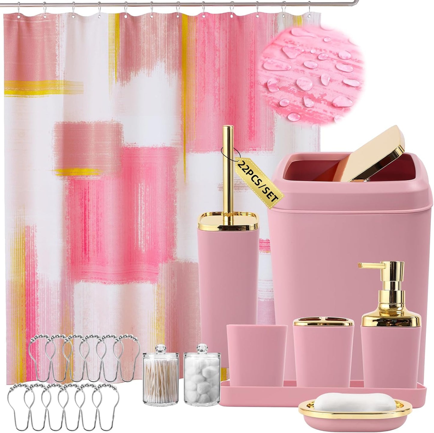 Bathroom Set - Orange Bathroom Accessories Set, Bathroom Sets with Shower Curtain and Rugs, Orange Shower Curtain Set with Bathroom Trash Can, Soap Dispenser, Soap Dish for Home Decor