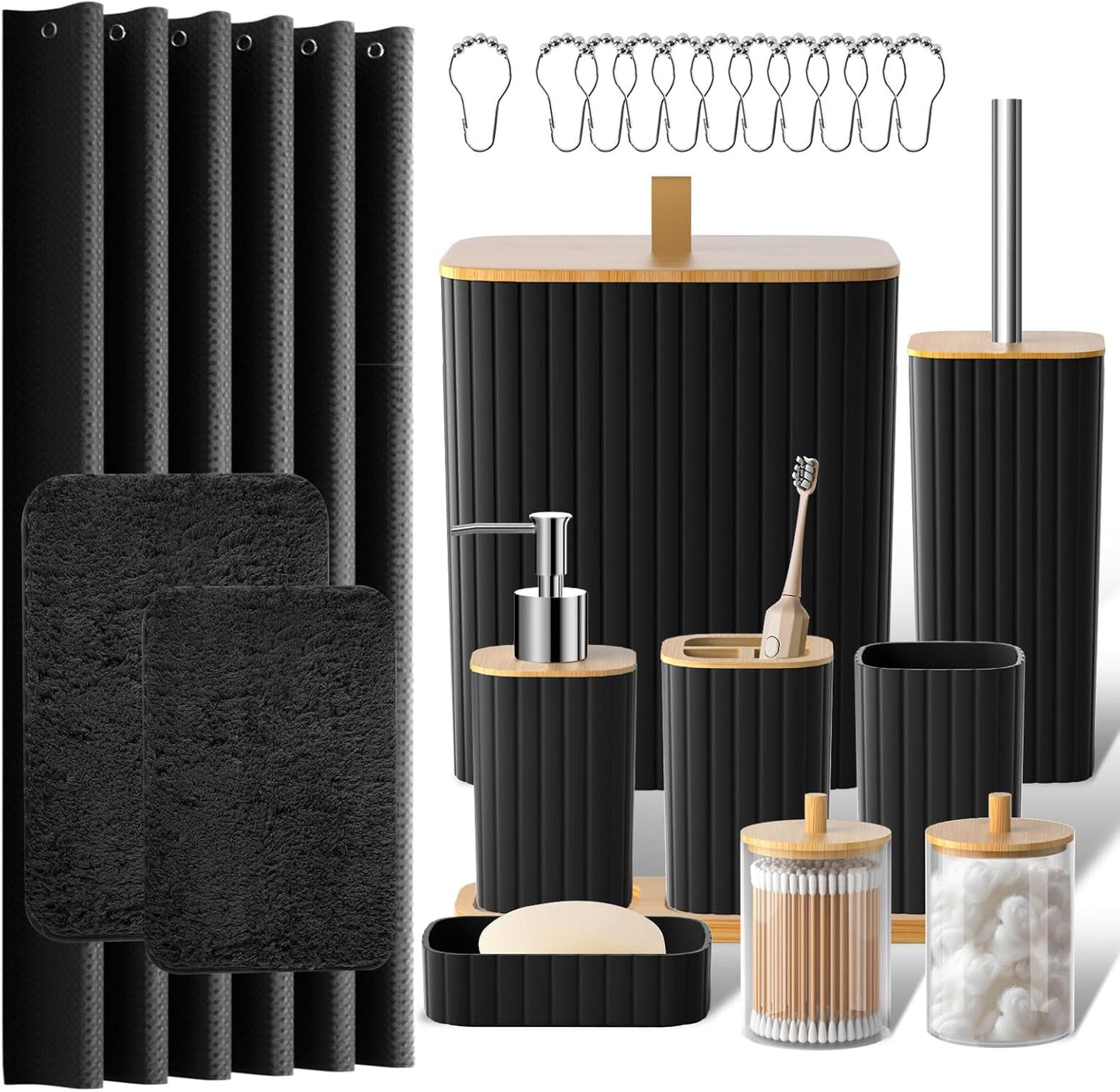Bathroom Accessories Set - 22PCS Black Bathroom Set with Shower Curtain, Trash Can, Toilet Brush Holder Set & Soap Dispenser – Stylish & Functional Bath Decor for Home, Apartment