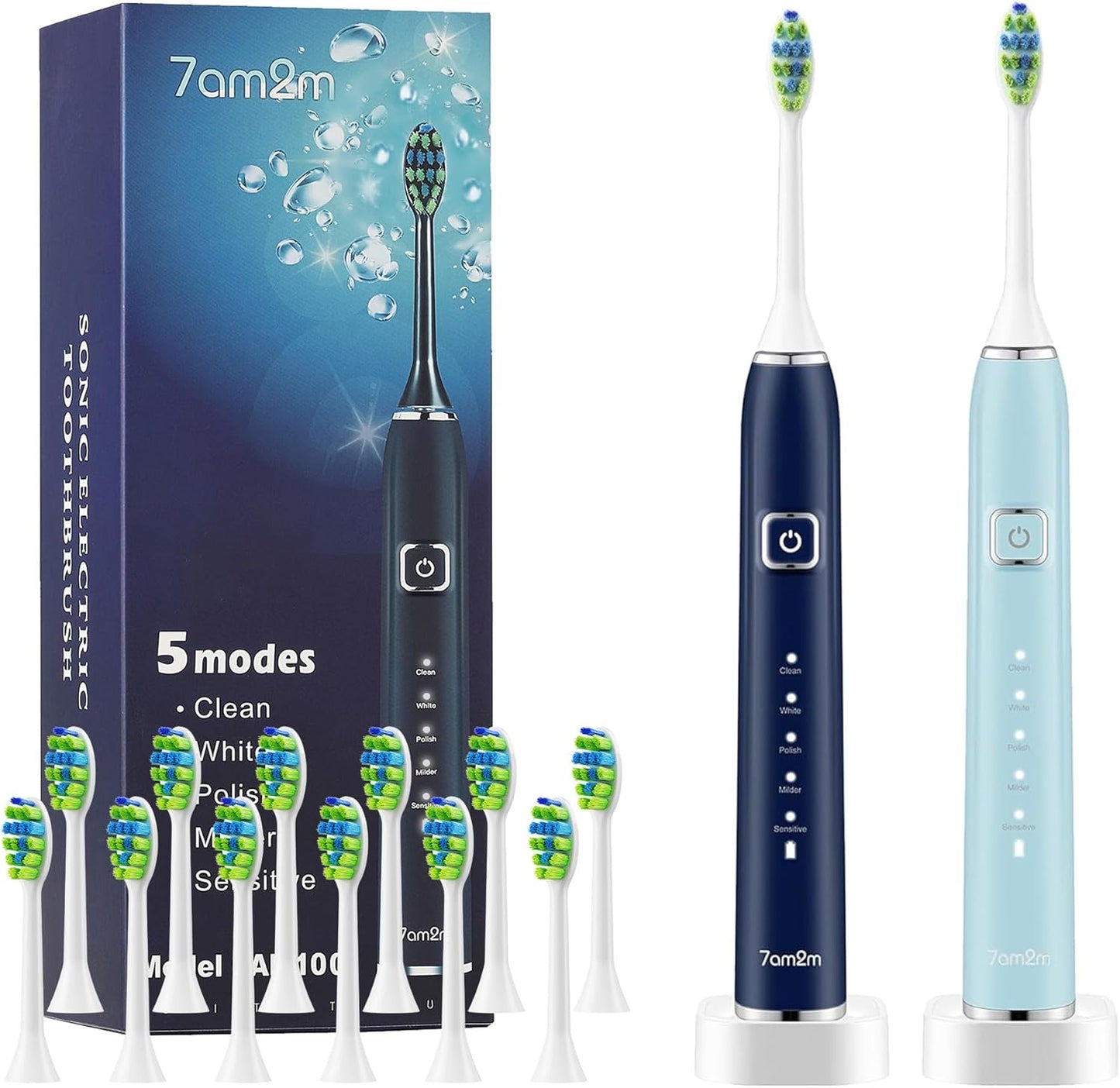 7AM2M Electric Toothbrush 2 Pack Set for Kids and Adults, 12 Brush Heads,5 Adjustable Modes, Built-in 2-Minute Smart Timer, Wireless Fast Charge for 60 Days,IPX7Waterproof SonicToothbrush(Green+Pink)