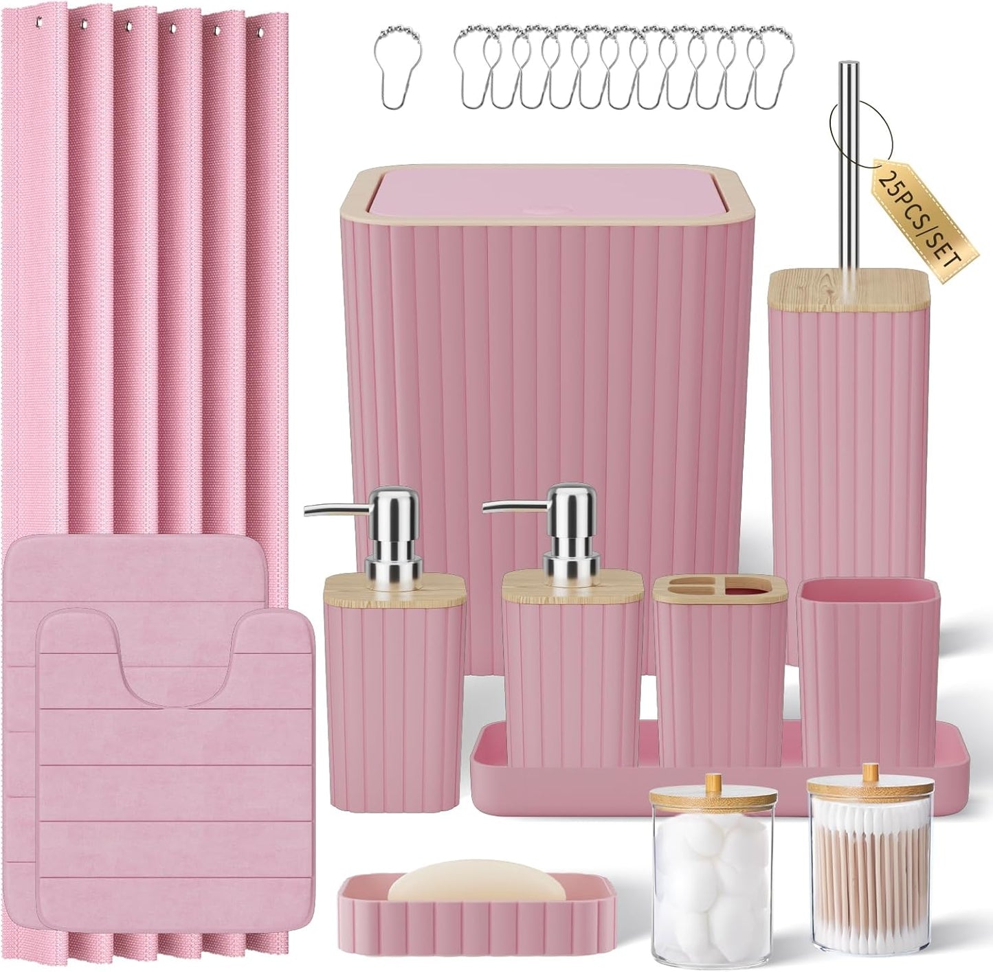 Bathroom Set with Shower Curtain and Rugs- 25PC Bathroom Accessory Set, Black Shower Curtain Set, Toilet Brush, Trash Can, Qtip Holder Dispenser & Soap Dispenser