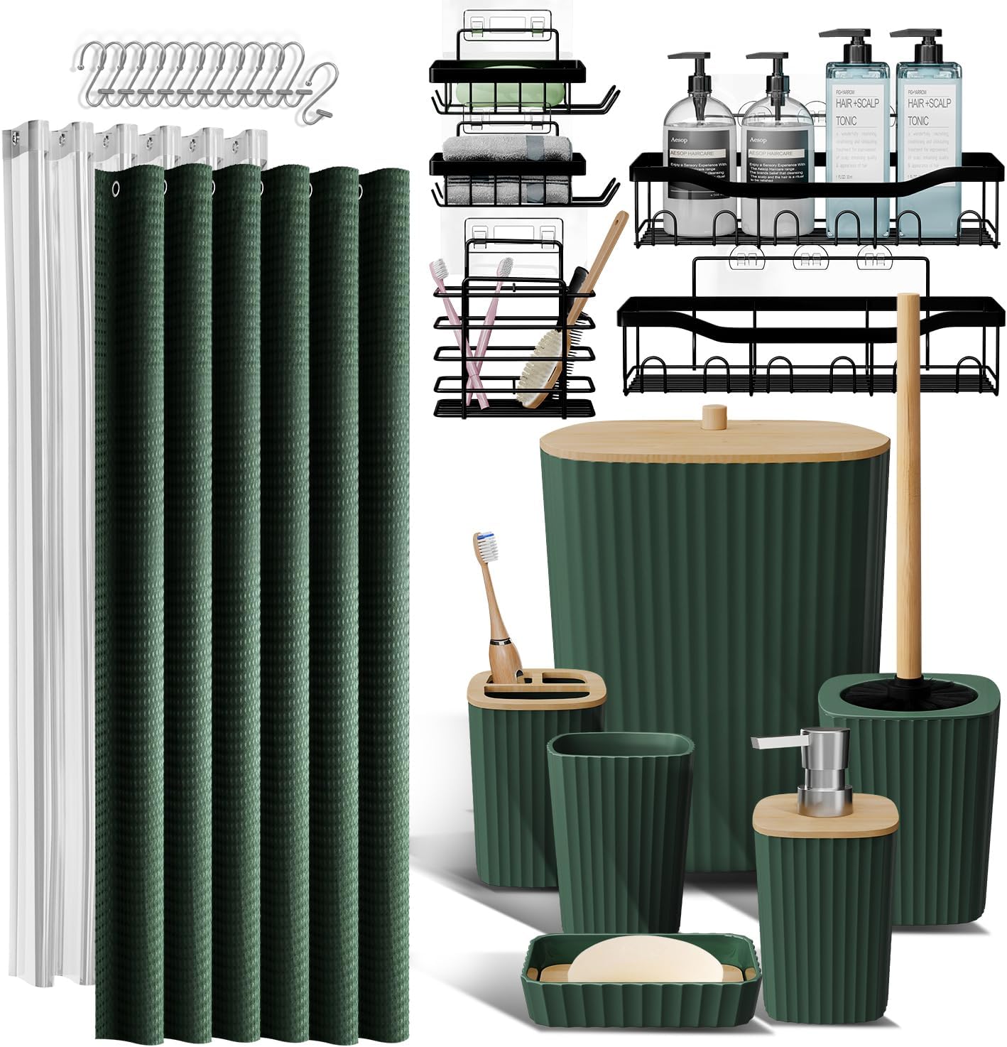 Bathroom Accessories Set with Shower Caddy and Bath Rugs 27PC Bathroom Accessory Set with Shower Caddies Green Bath Rugs, Shower Curtain Set, Toilet Brush, Trash Can, Soap Dispenser, Toothbrush holder