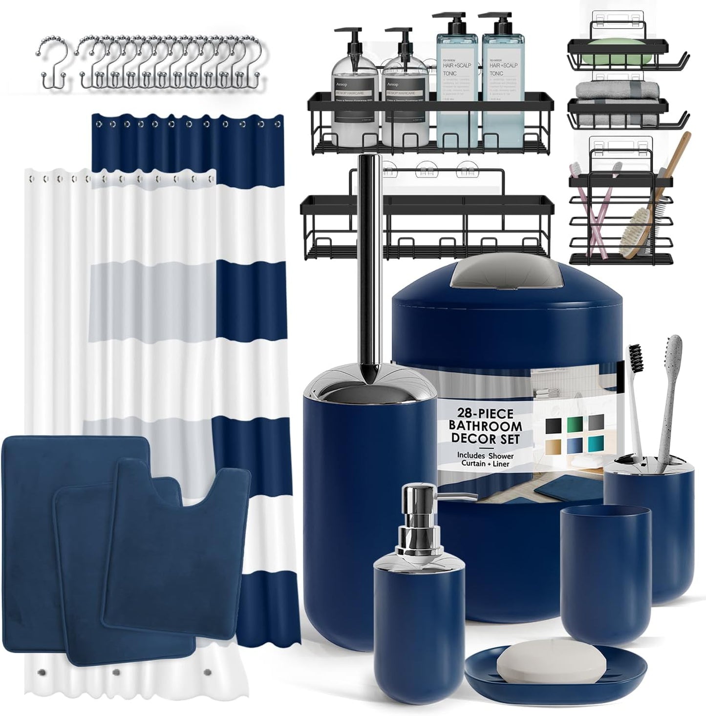 Clara Clark Bathroom Accessories Set - 28PC Bathroom Set with Adhesive Corner Shower Caddy Hanging, Bathroom Sets with Shower Curtain and Rugs, Black Shower Curtain Set with Bathroom Trash Can