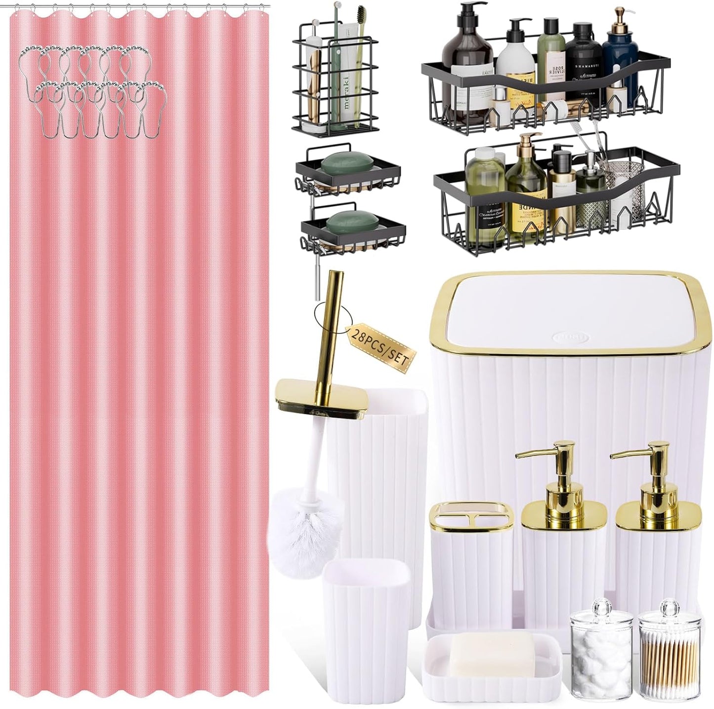 Bathroom Set with Shower Curtain and Rugs- 25PC Bathroom Accessory Set, Black Shower Curtain Set, Toilet Brush, Trash Can, Qtip Holder Dispenser & Soap Dispenser