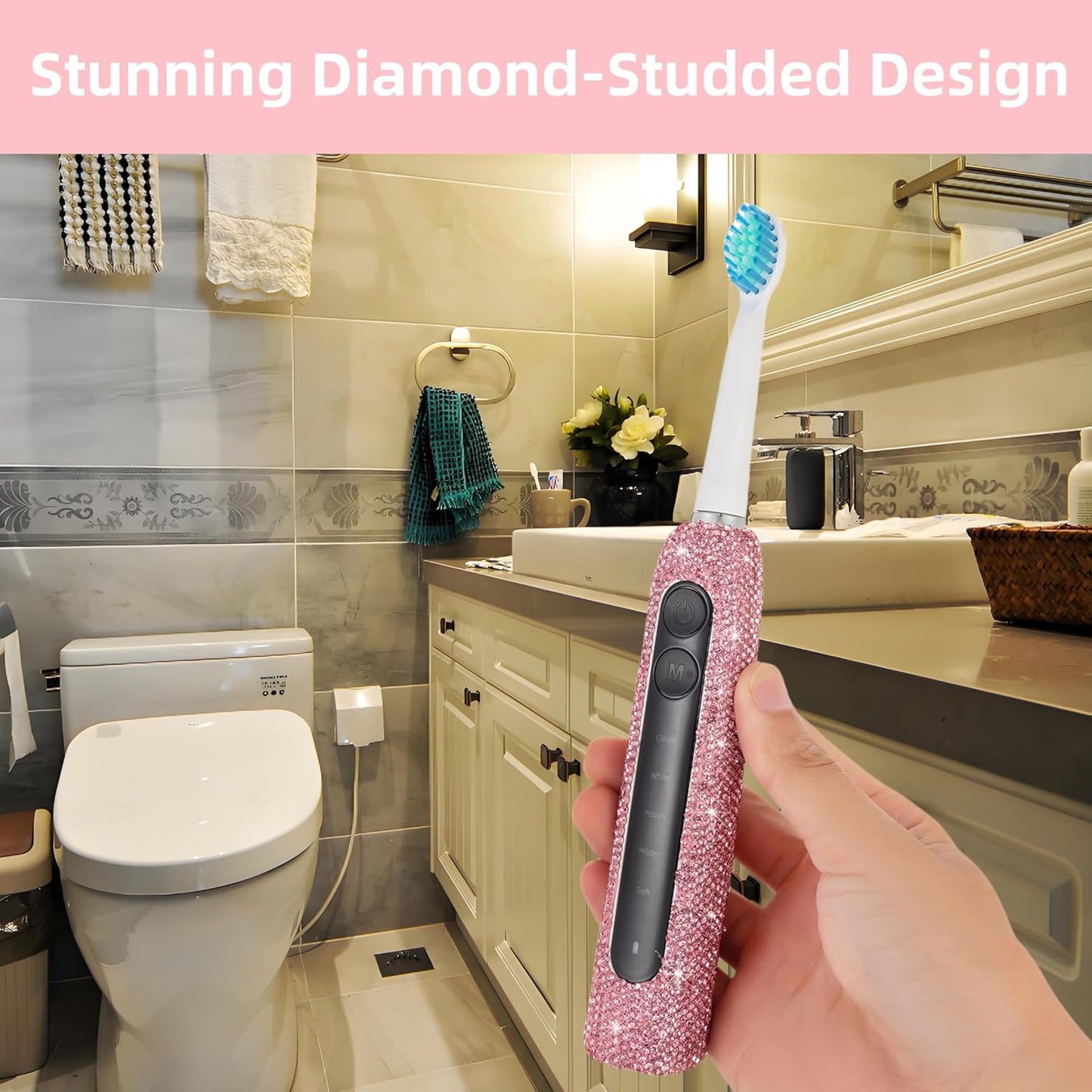 Diamond Sonic Electric Toothbrush Bling Rechargeable Toothbrushes for Adults with 6 Brush Heads Vibrating Toothbrush-5 Modes, USB-C Fast Charge,2Min Smart Timer,IPX7 Waterproof(Pink)