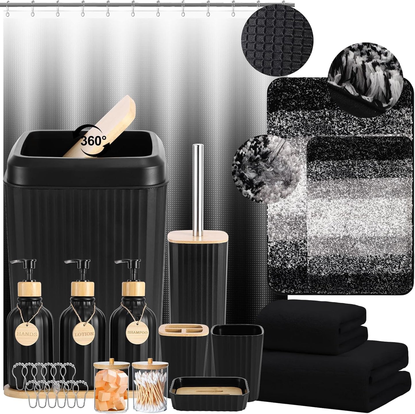 32PCS Bathroom Sets with Shower Curtain and Rugs,Bathroom Set Black Bathroom Accessories Black Shower Curtain Set with Bathroom Trash Can