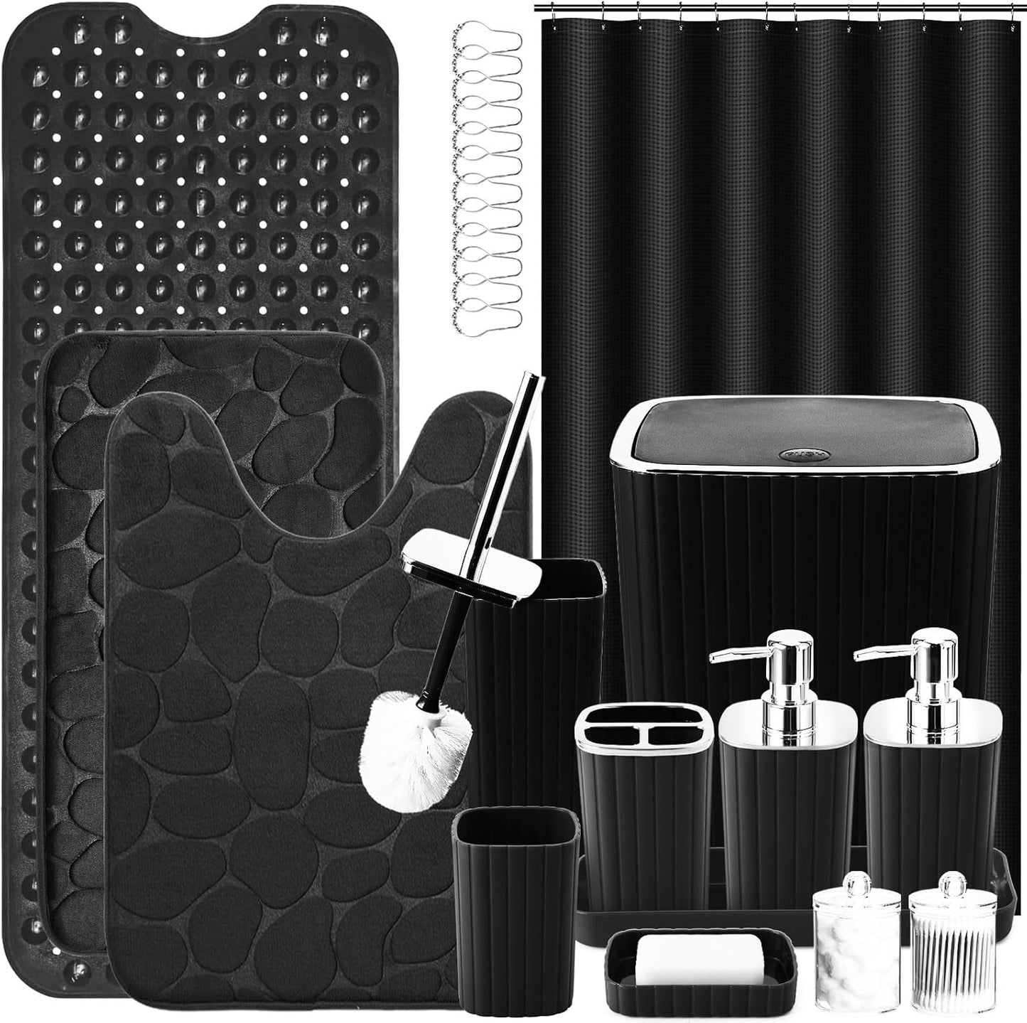 Bathroom Set with Shower Curtain and Rugs- 25PC Bathroom Accessory Set, Black Shower Curtain Set, Toilet Brush, Trash Can, Qtip Holder Dispenser & Soap Dispenser