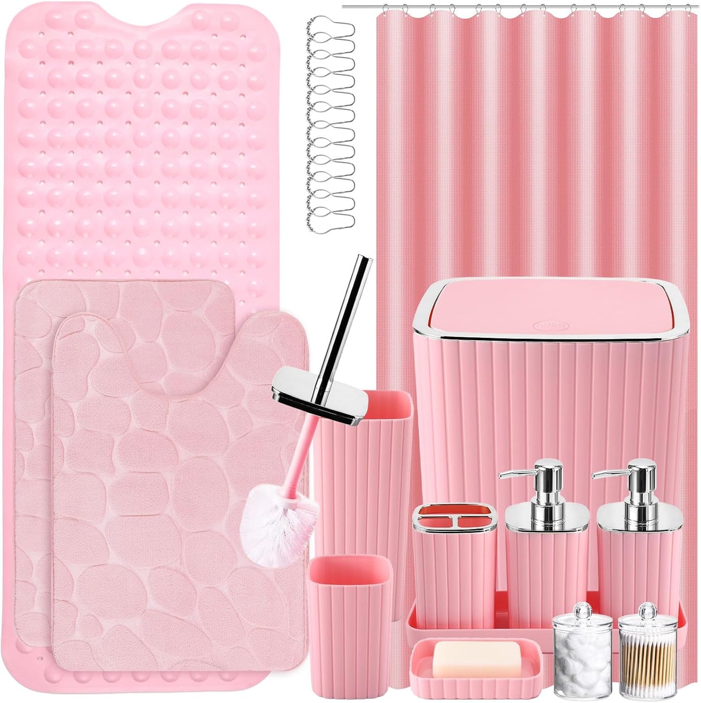 Bathroom Set with Shower Curtain and Rugs- 25PC Bathroom Accessory Set, Black Shower Curtain Set, Toilet Brush, Trash Can, Qtip Holder Dispenser & Soap Dispenser