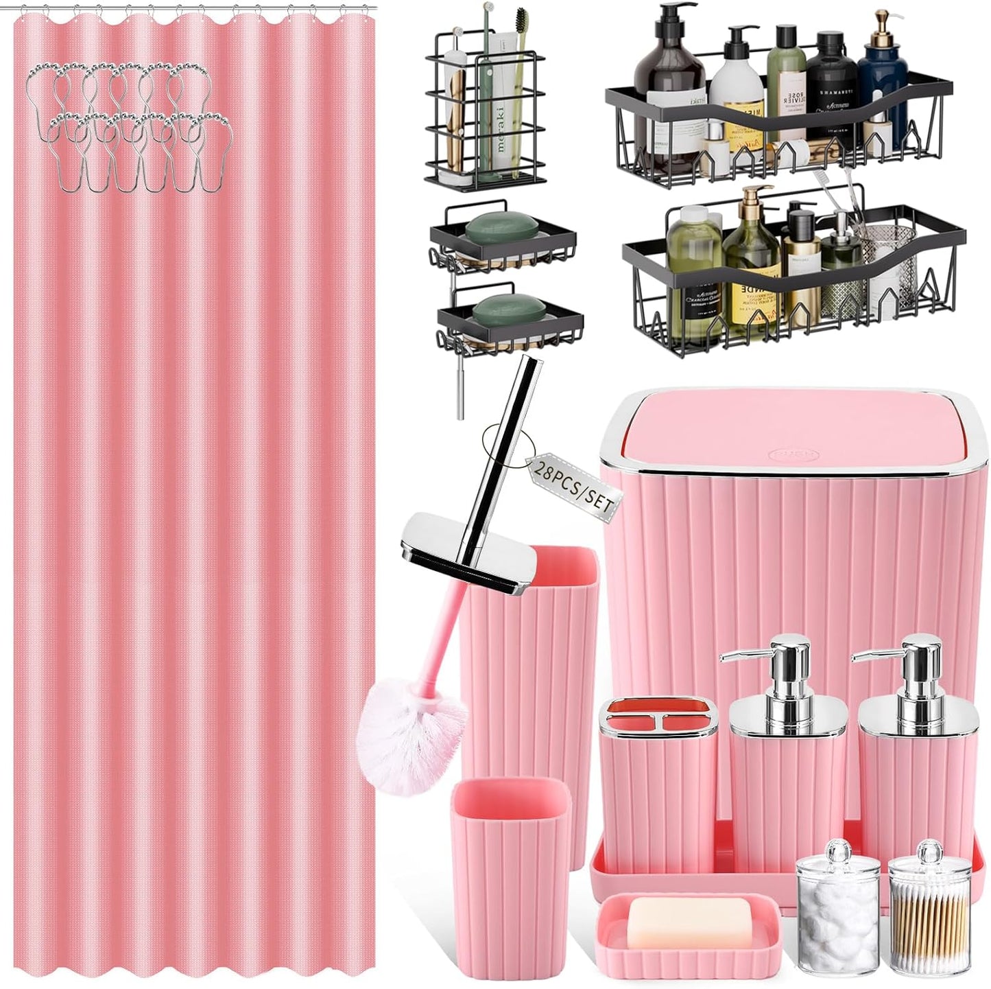 Bathroom Set with Shower Curtain and Rugs- 25PC Bathroom Accessory Set, Black Shower Curtain Set, Toilet Brush, Trash Can, Qtip Holder Dispenser & Soap Dispenser